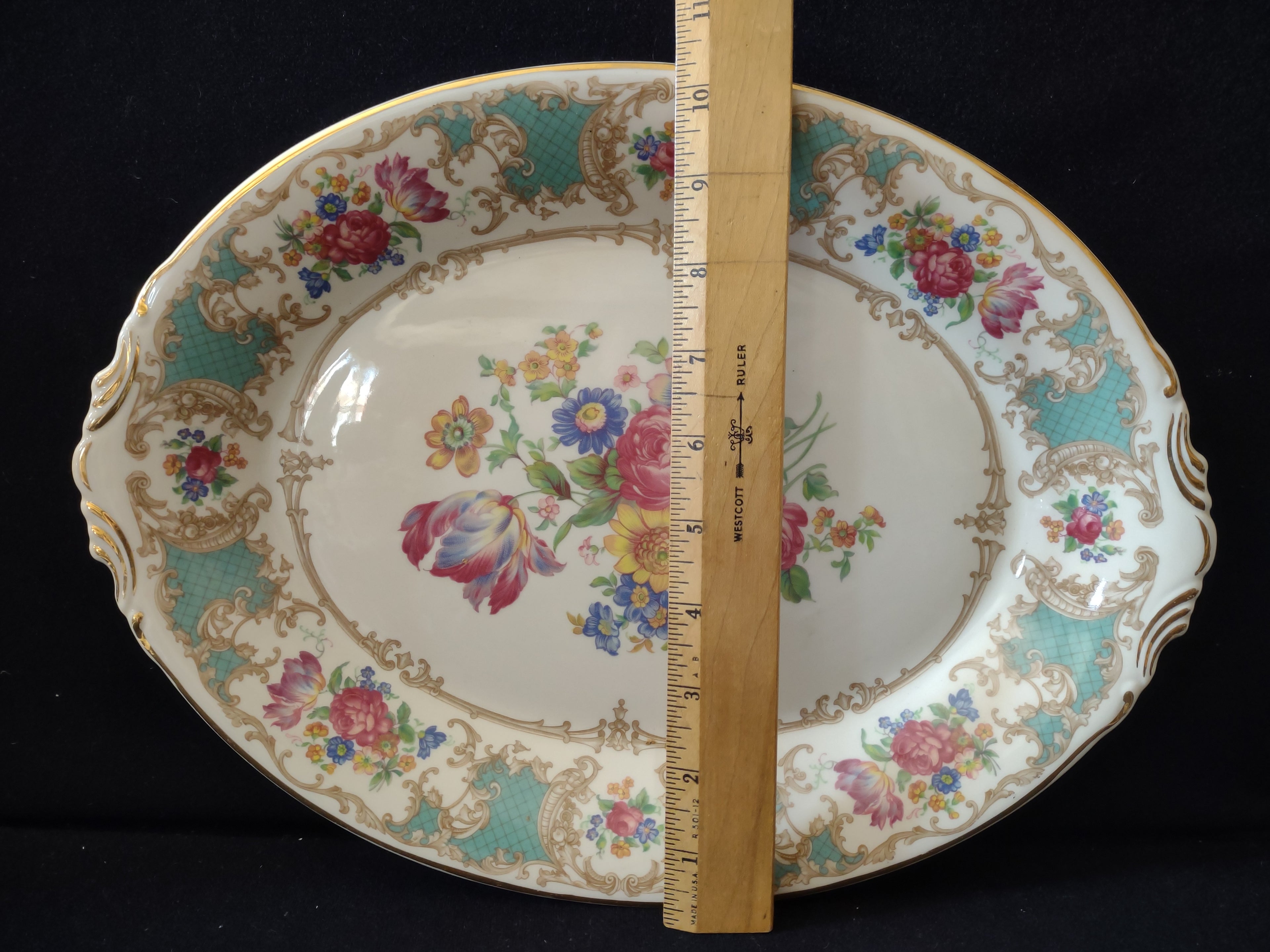 Vintage Syracuse China Floral Oval Handled Serving Platter [7043]