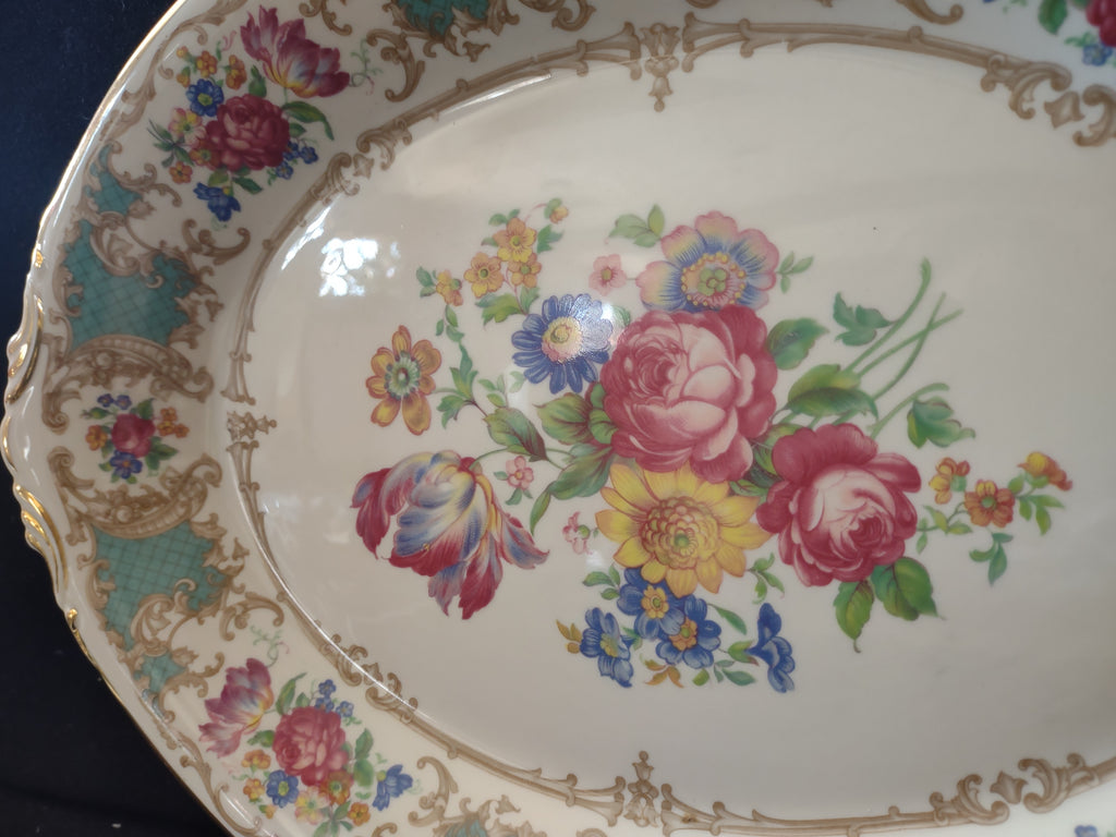 Vintage Syracuse China Floral Oval Handled Serving Platter [7043]