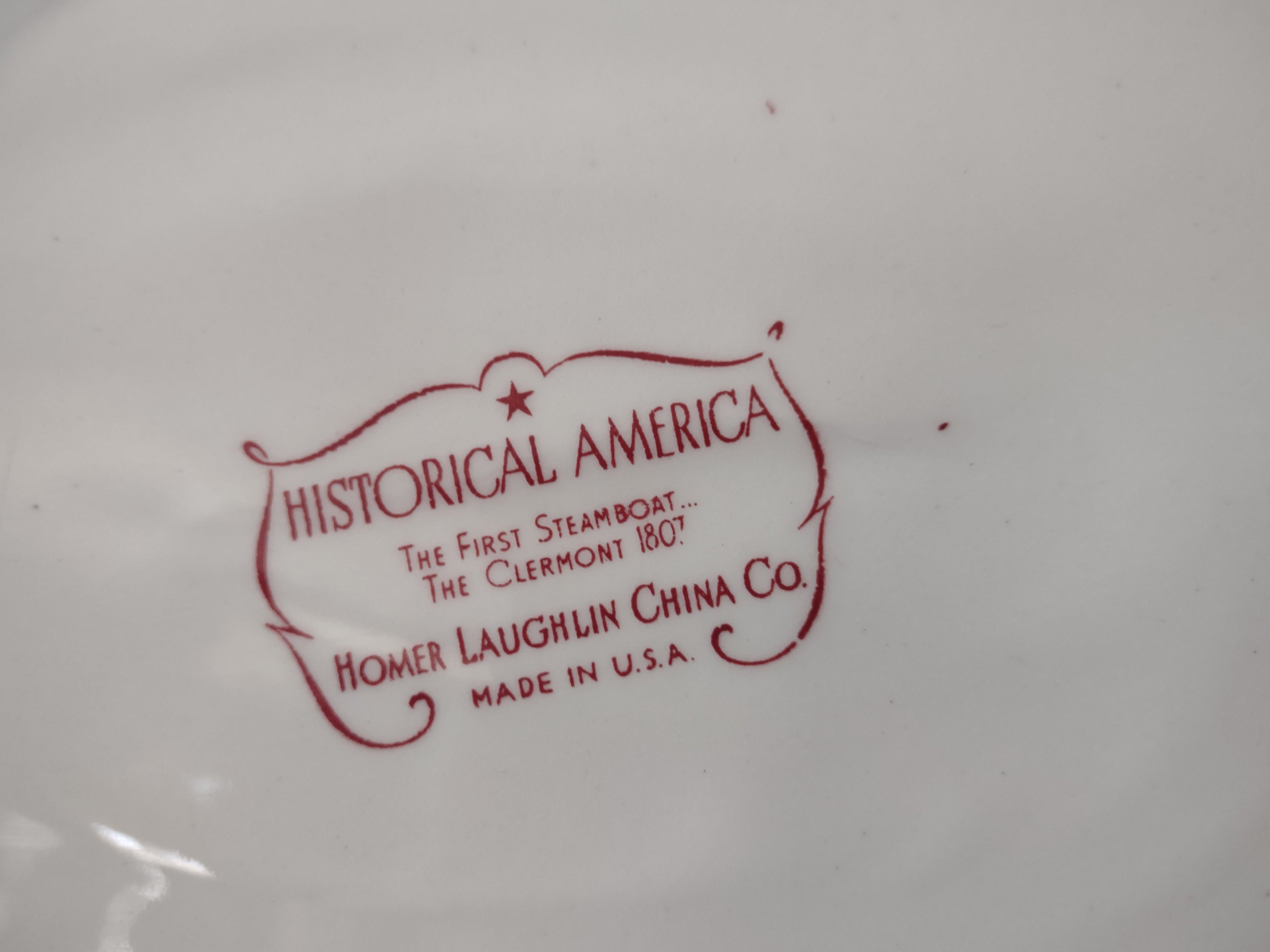 Backstamp: Historical America, The First Steamboat The Clermont 1807, Homer Laughlin China Co., Made in USA