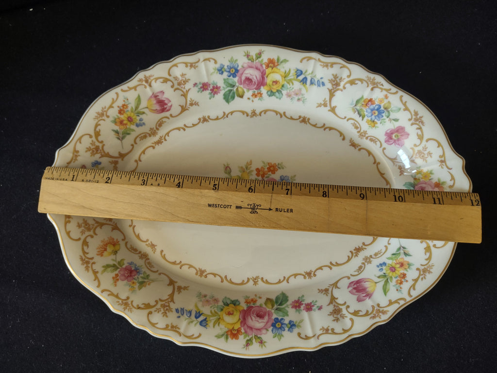 Vintage Syracuse China Federal Shape oval serving platter with multicolor floral bouquets, gold scrollwork border and scalloped gold edge, approximately 11 inches