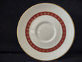 Vintage Theodore Haviland New York saucer, white with bold crimson red band featuring repeating gold fleur-de-lis motifs and gold rim, approximately 6 inches diameter