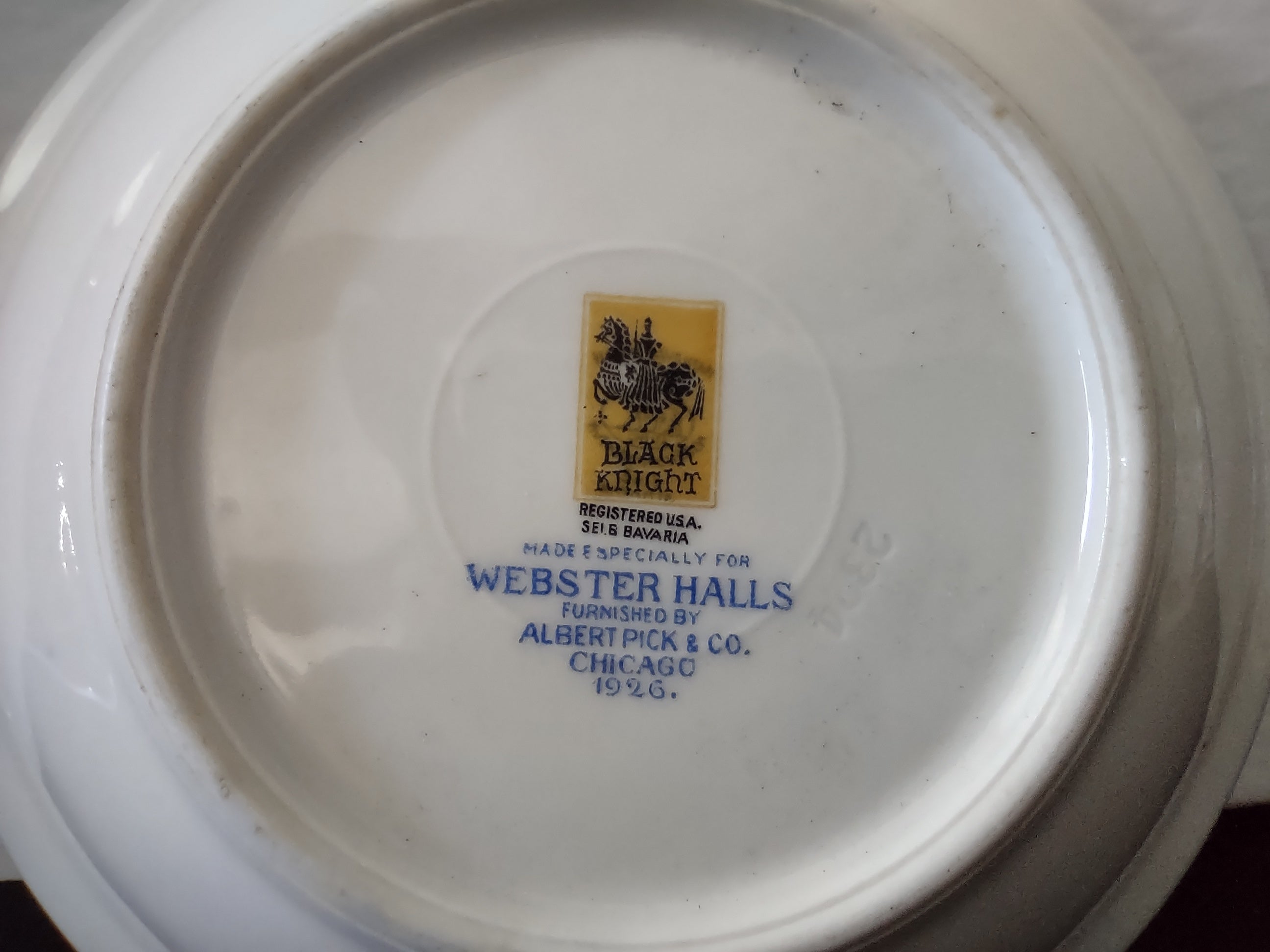 Backstamp: Black Knight, Registered USA, Selb Bavaria, Made Especially for Webster Halls, Furnished by Albert Pick & Co., Chicago, 1926
