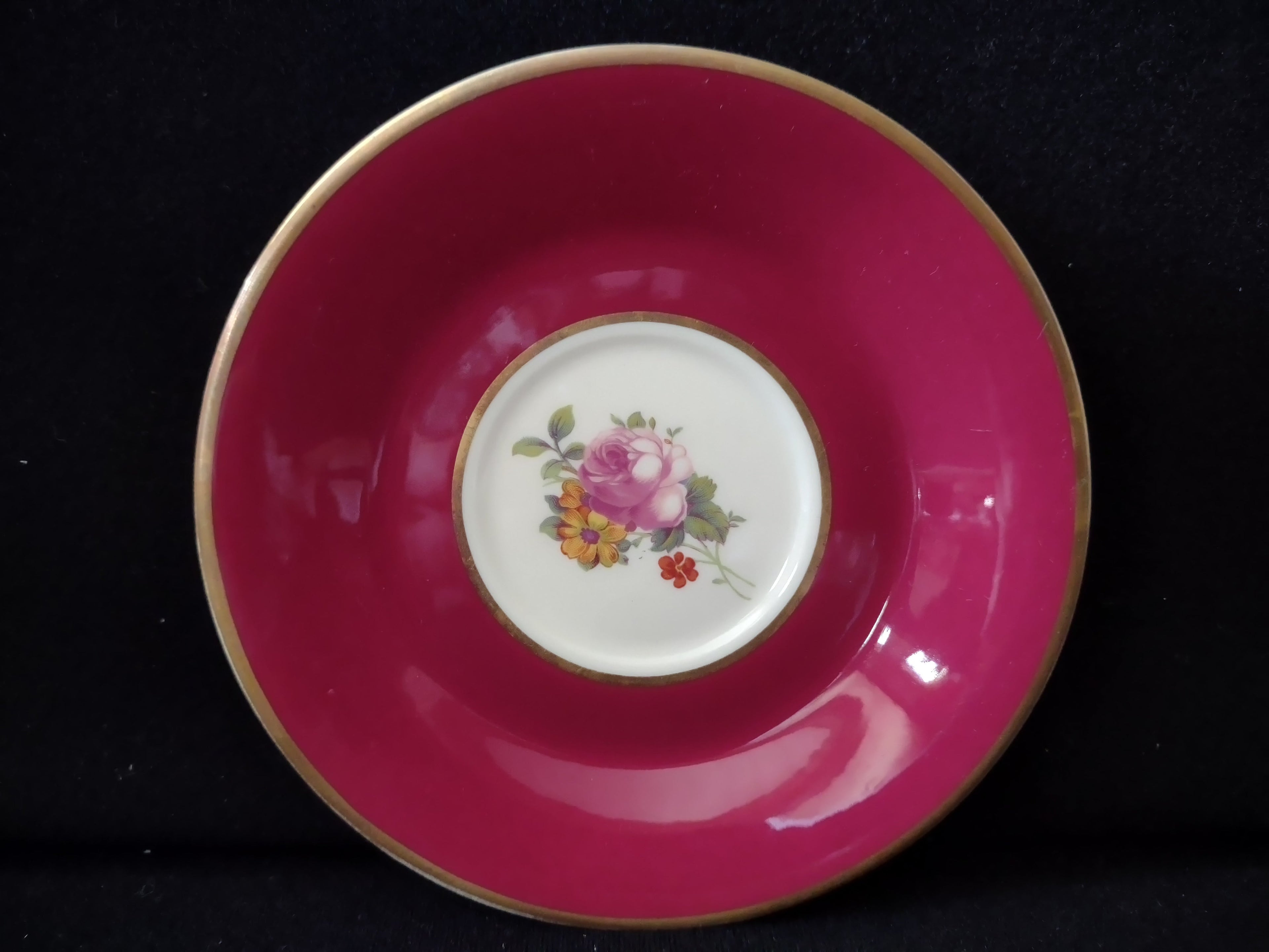 Vintage Syracuse China Old Ivory raspberry pink saucer, second view showing floral center medallion detail