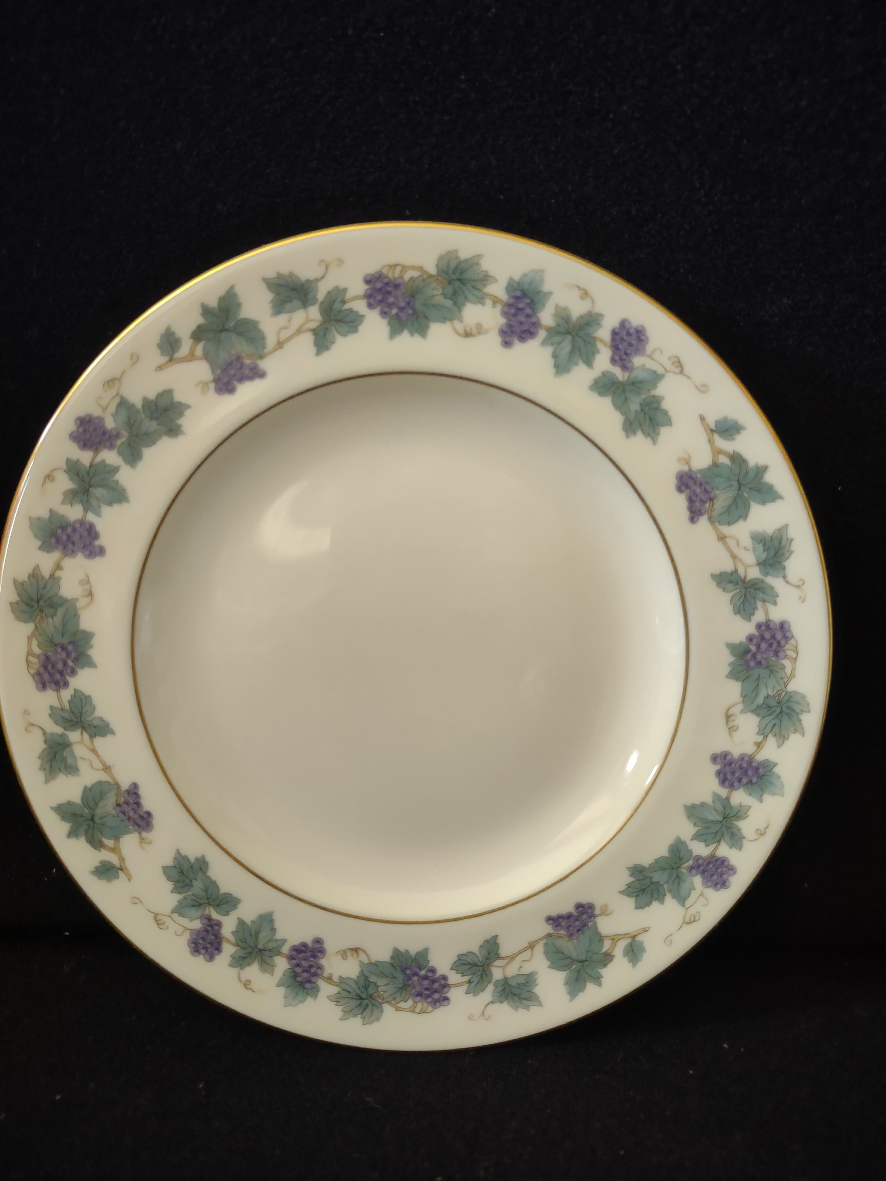 Vintage Theodore Haviland New York Arbor pattern plate - front view showing purple grape vine border and gold rim