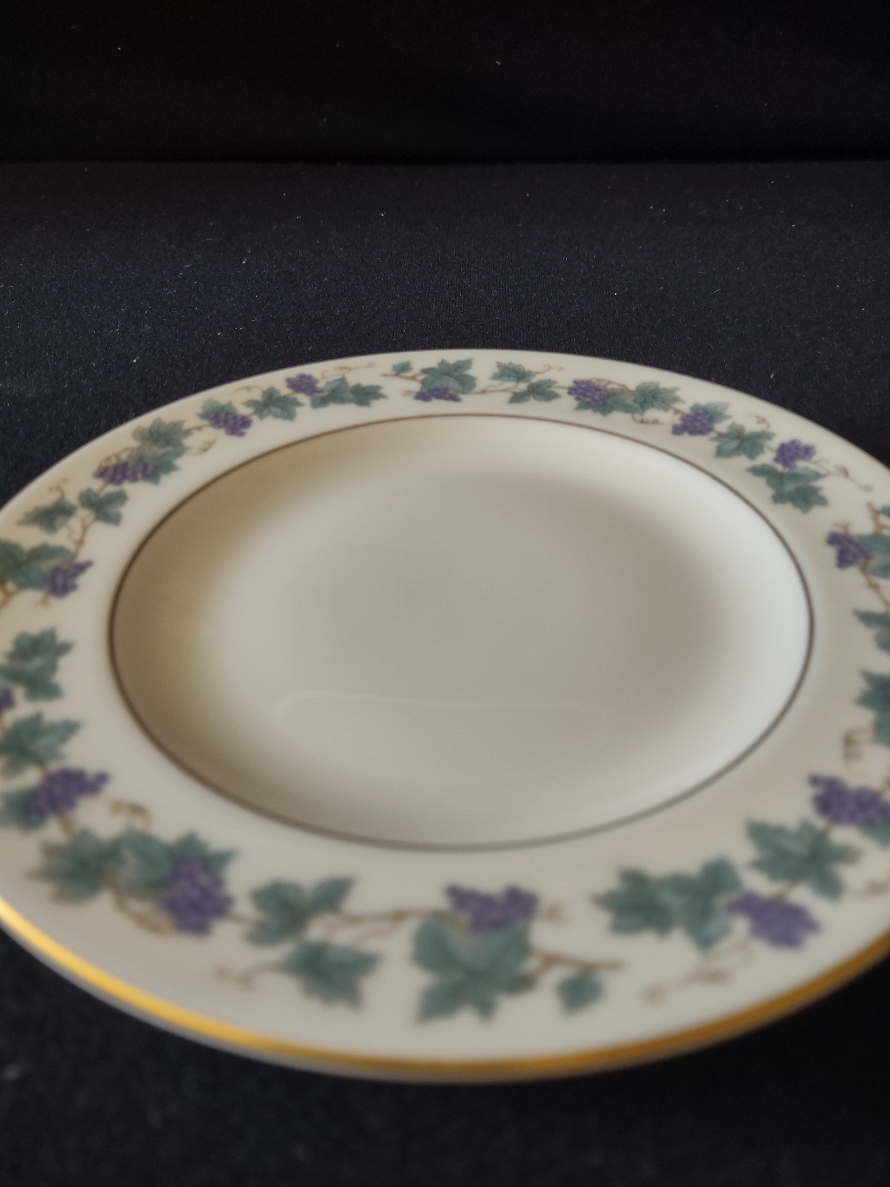 Vintage Theodore Haviland Arbor plate - side profile view showing gold rim and grape vine border
