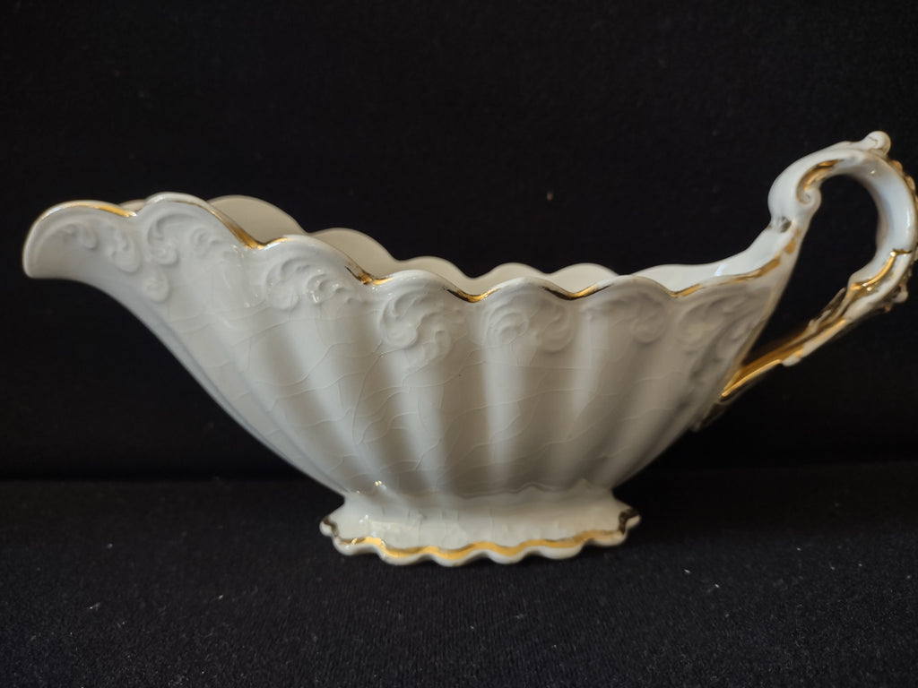 Vintage East Palestine Pottery De Soto Gravy Boat Embossed Scallop Gold [7057]