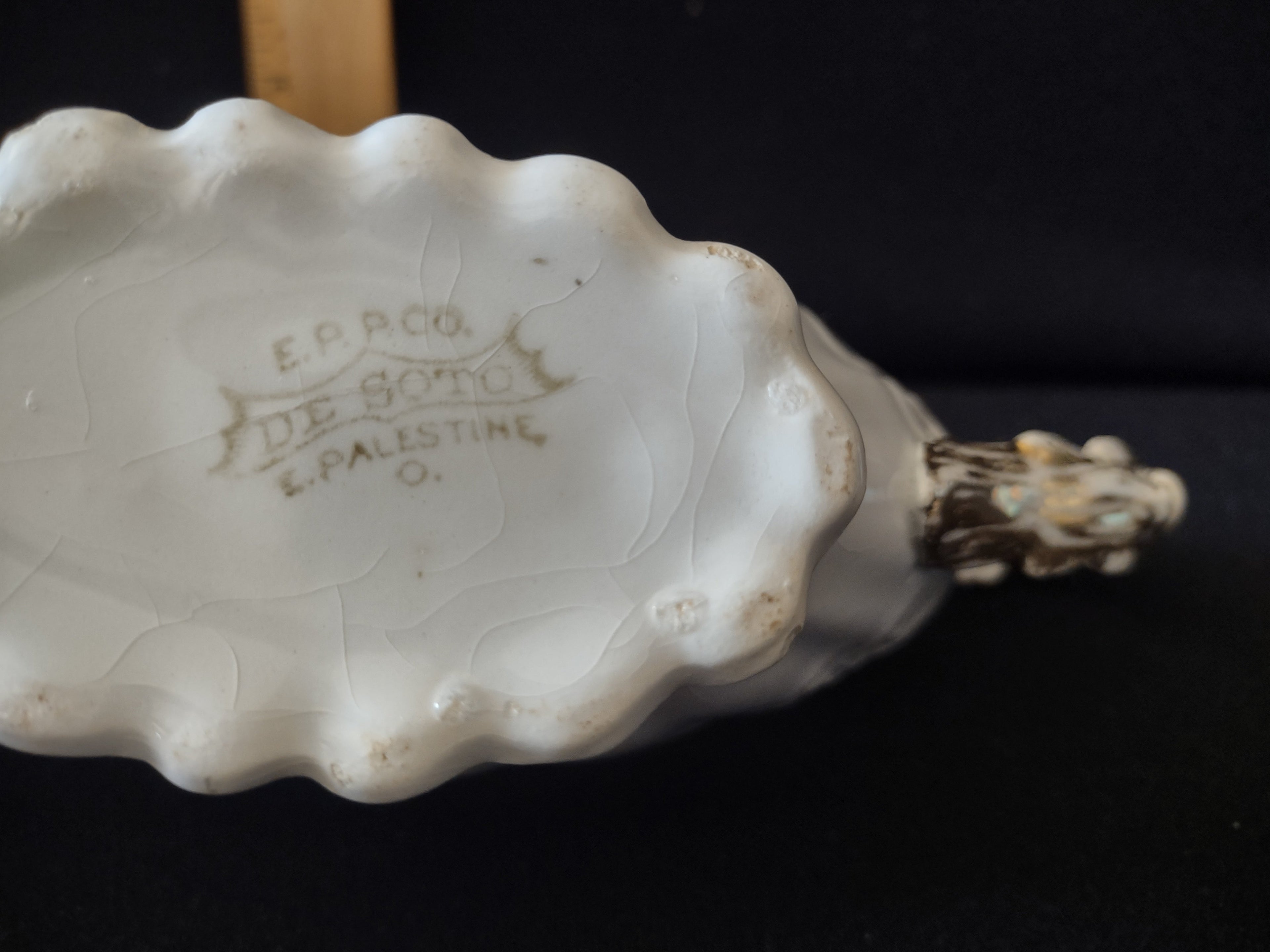 Antique porcelain gravy boat backstamp - E.P. Reg. maker's mark with crazing visible on base