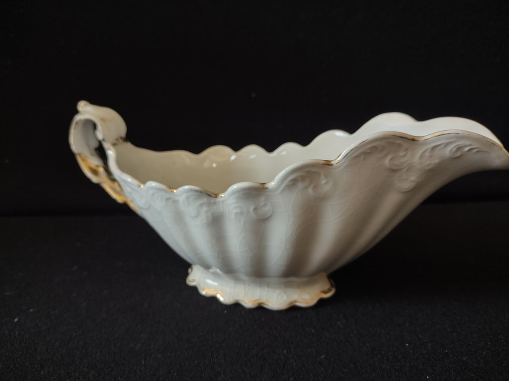 Vintage East Palestine Pottery De Soto Gravy Boat Embossed Scallop Gold [7057]