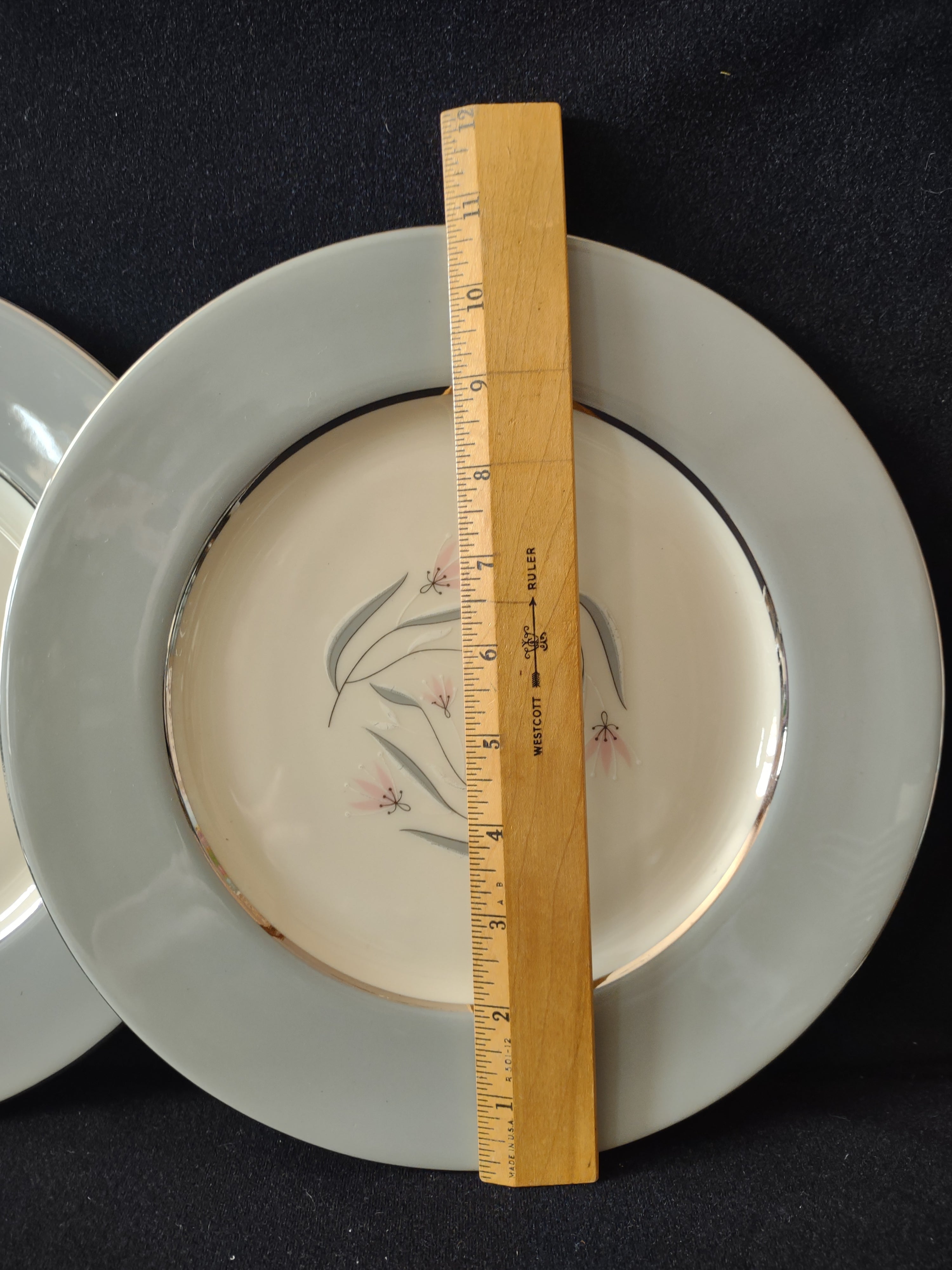 Castleton China Flair plates set of 2 front view showing gray leaf motif with pink floral accents and platinum rim, approximately 9 inches