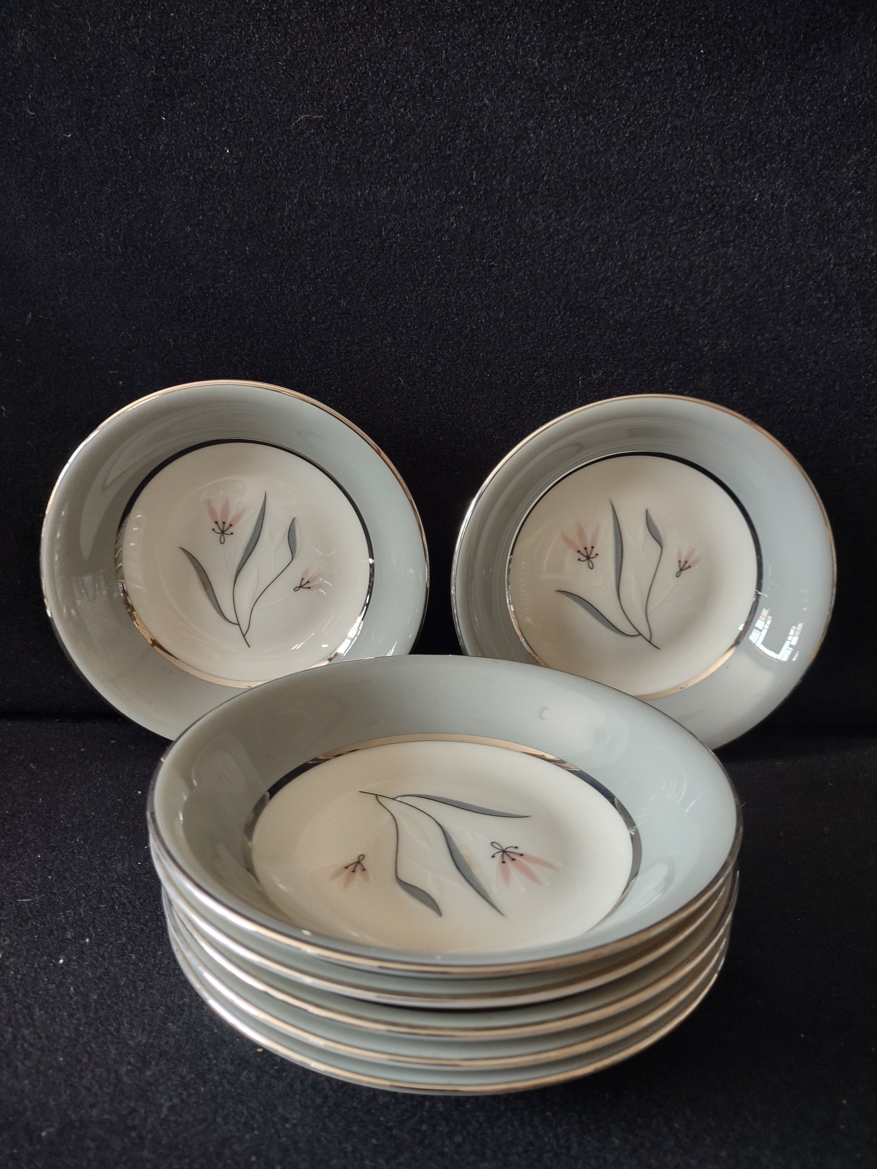 Vintage Castleton China Flair Berry Bowl Set of 7 Gray & Pink [7060]