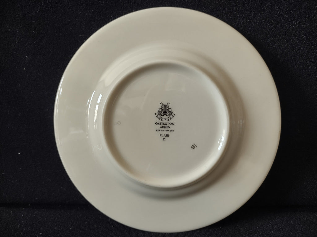 Castleton China Flair plates set of 2 front view showing gray leaf and pink floral motif with platinum rim, approximately 6 inches diameter