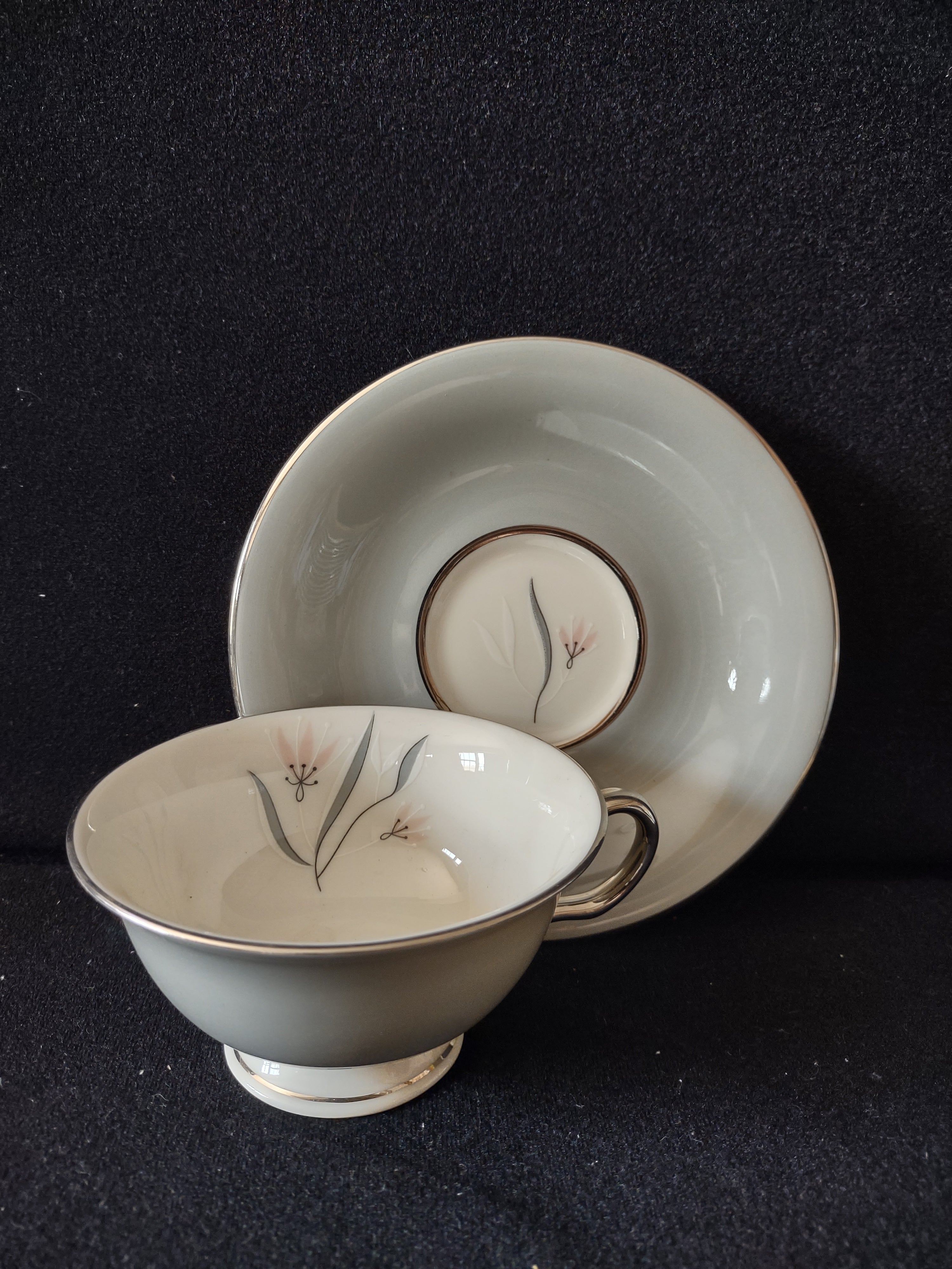Vintage Castleton China Flair Cup & Saucer Gray & Pink [7062]