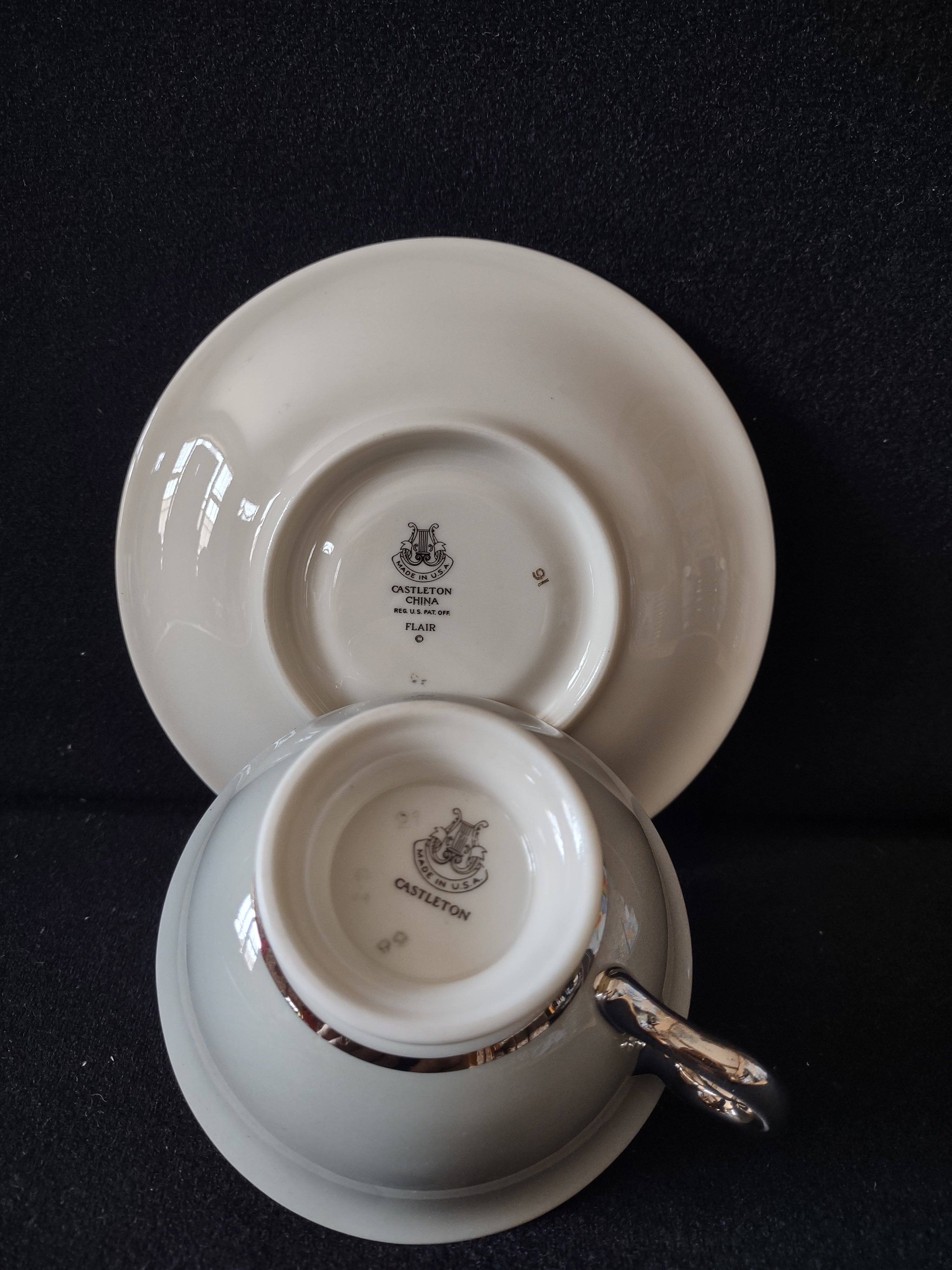 Castleton China Flair cup and saucer backstamps - saucer: Made in USA Reg. U.S. Pat. Off. Flair; cup: Castleton
