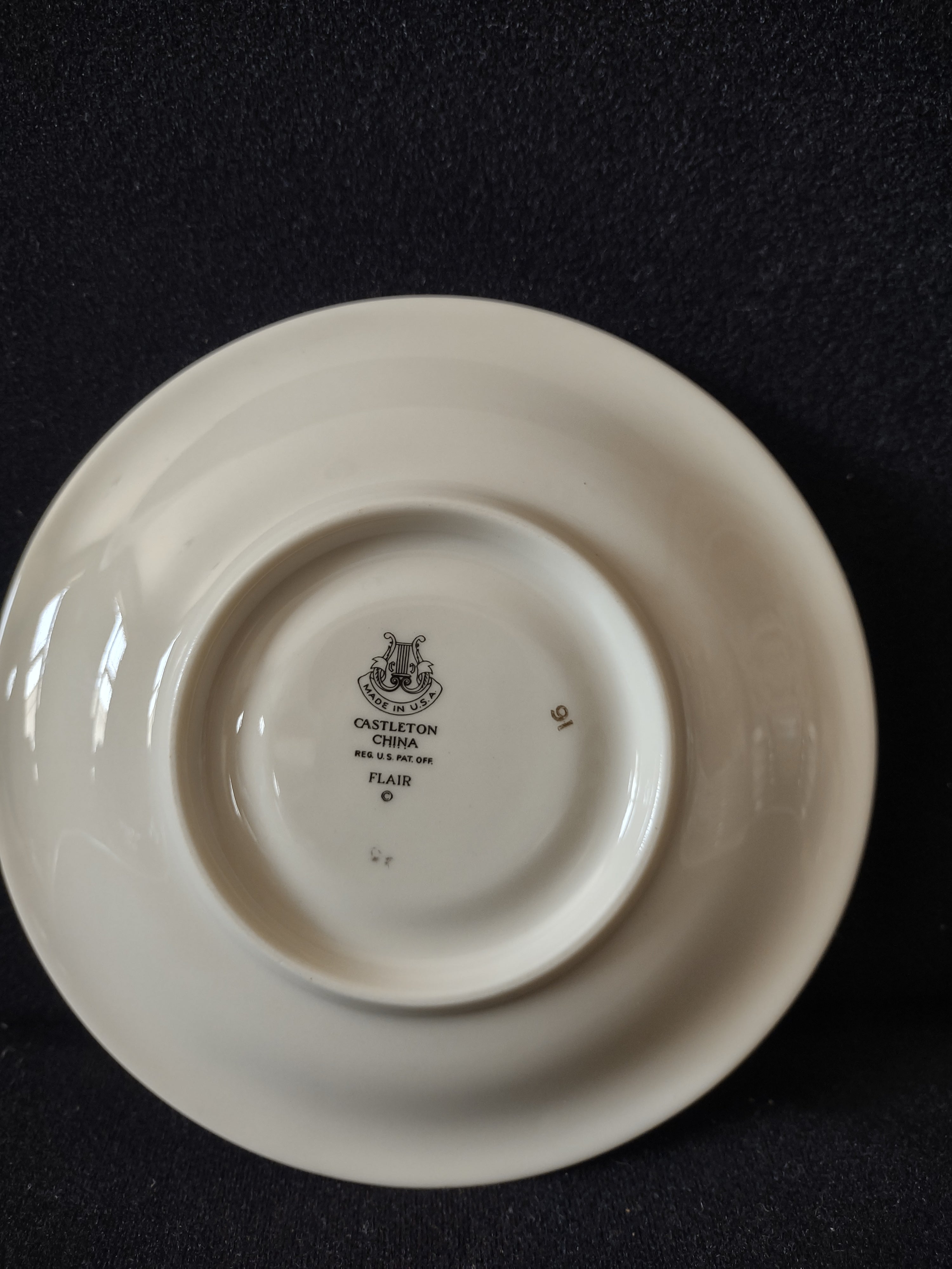 Castleton China Flair saucer backstamp - Made in USA, Reg. U.S. Pat. Off., Flair