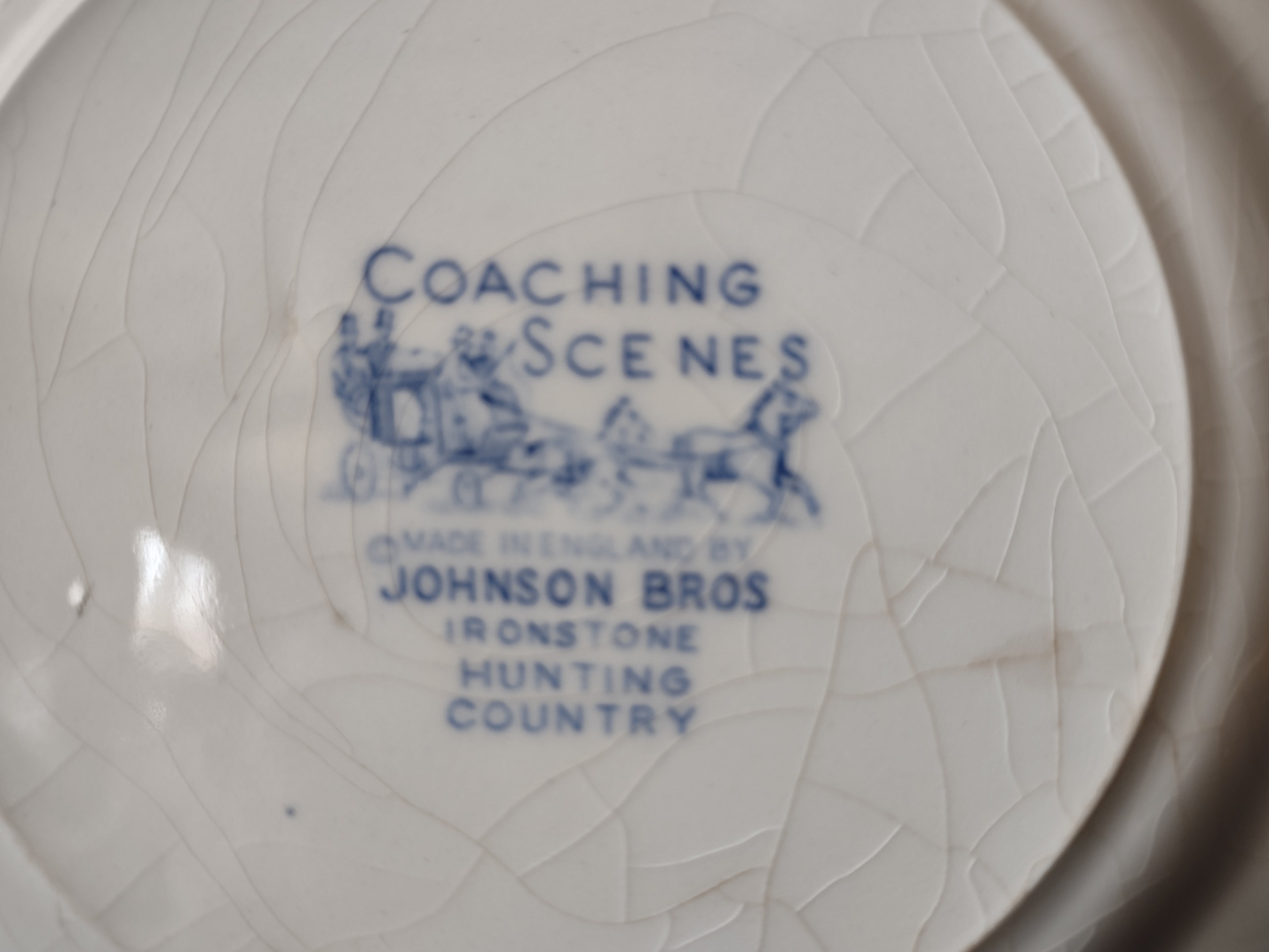Vintage Johnson Bros Coaching Scenes Hunting Country 6" Plate Blue IMPERFECT [7064]