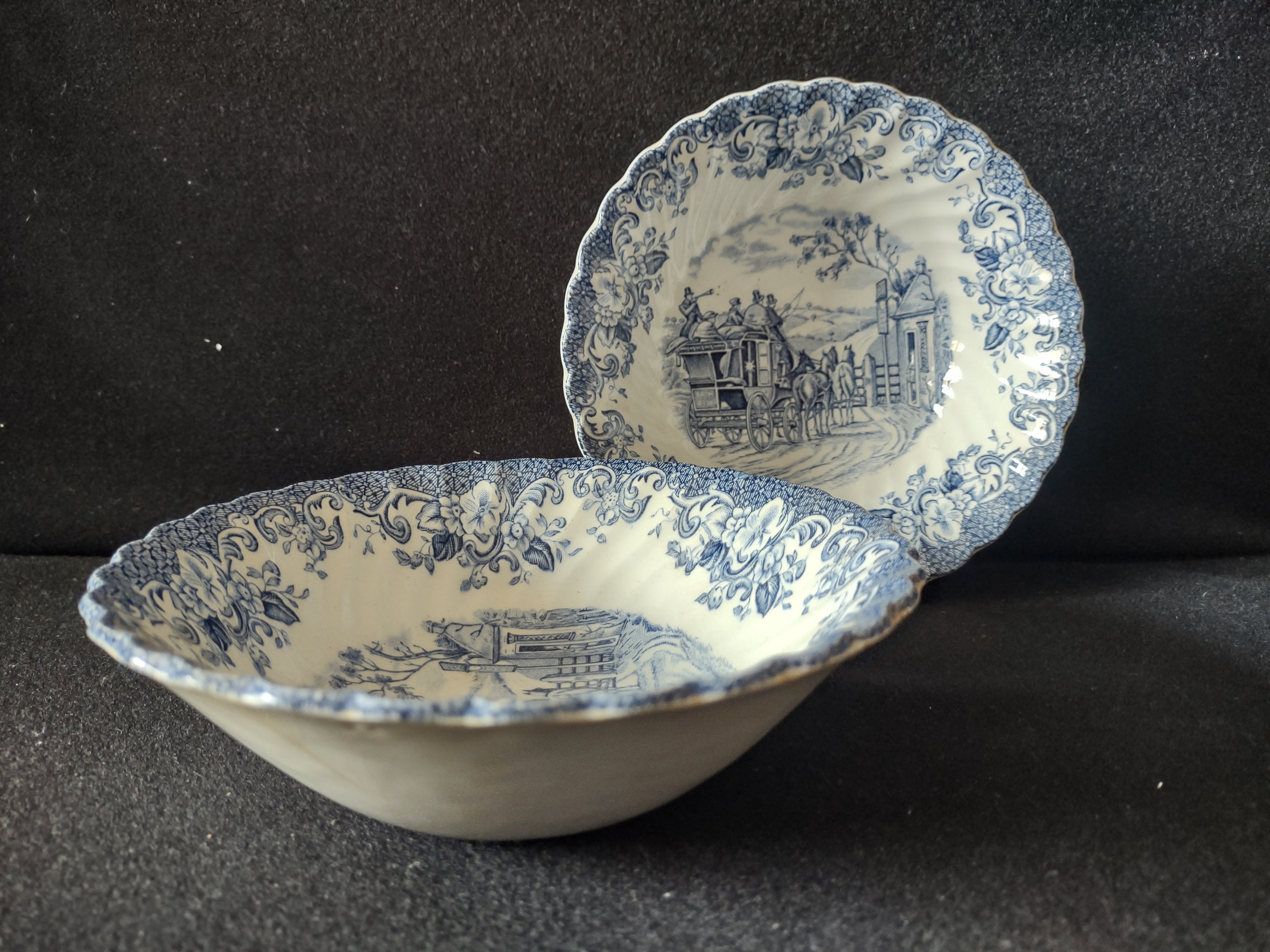 Vintage Johnson Bros Coaching Scenes Gate Keeper Blue Bowl Set of 2 [7066]
