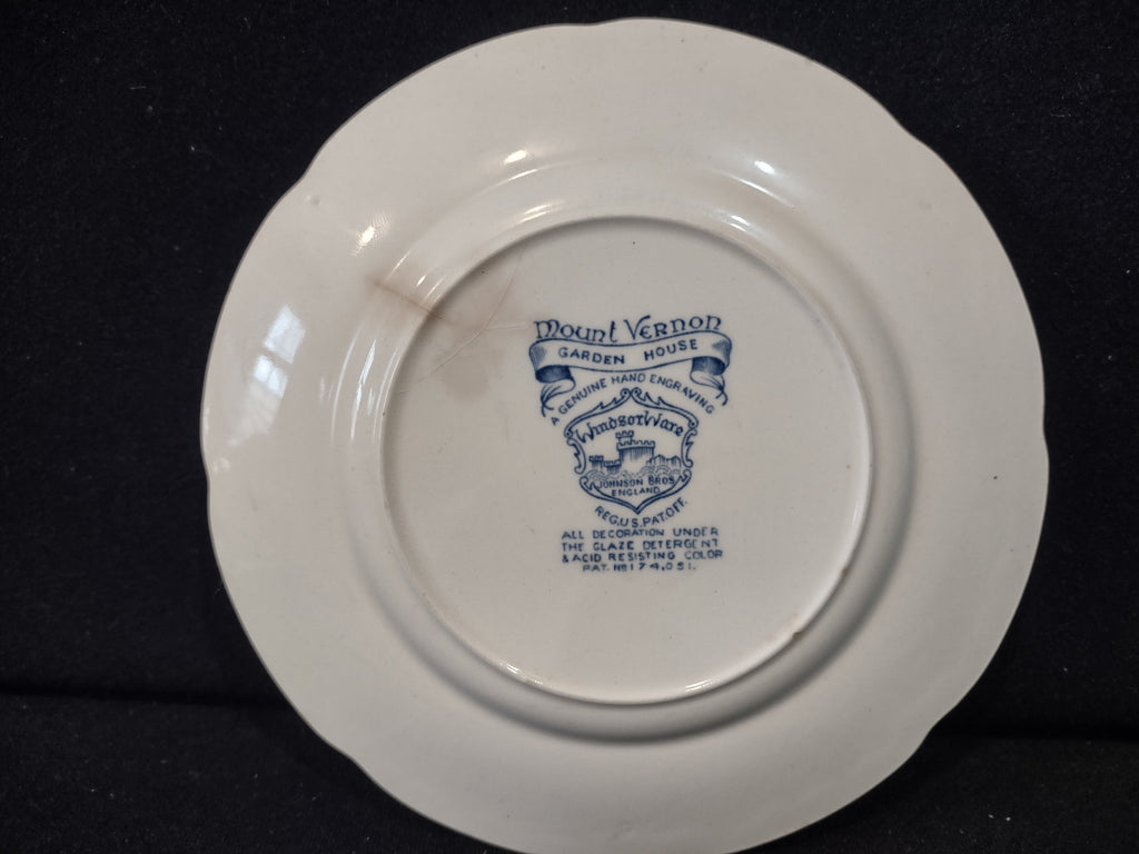 Vintage Johnson Bros Windsor Ware Mount Vernon Garden House Blue Plate - backstamp