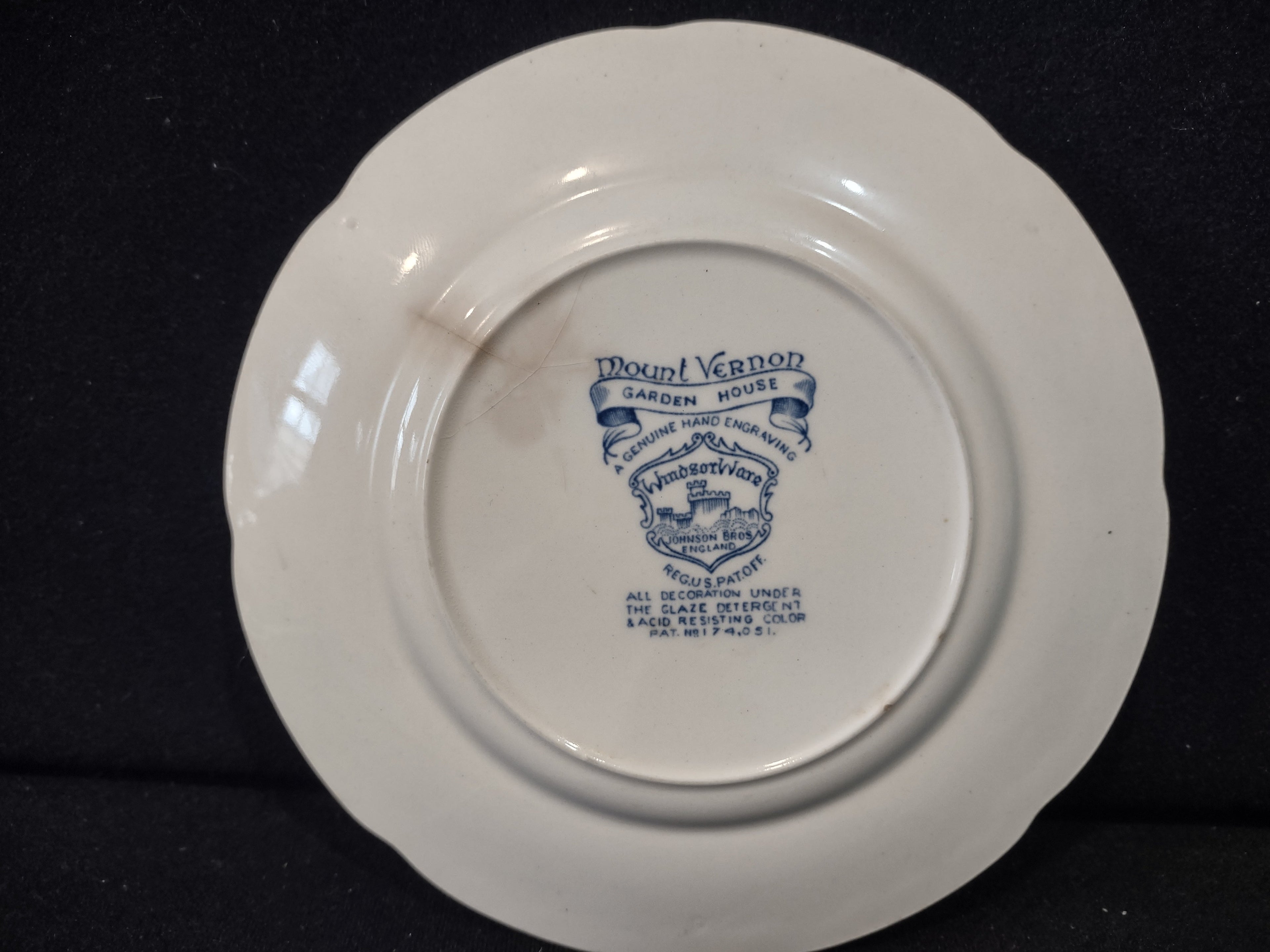 Vintage Johnson Bros Windsor Ware Mount Vernon Garden House Blue Plate - backstamp