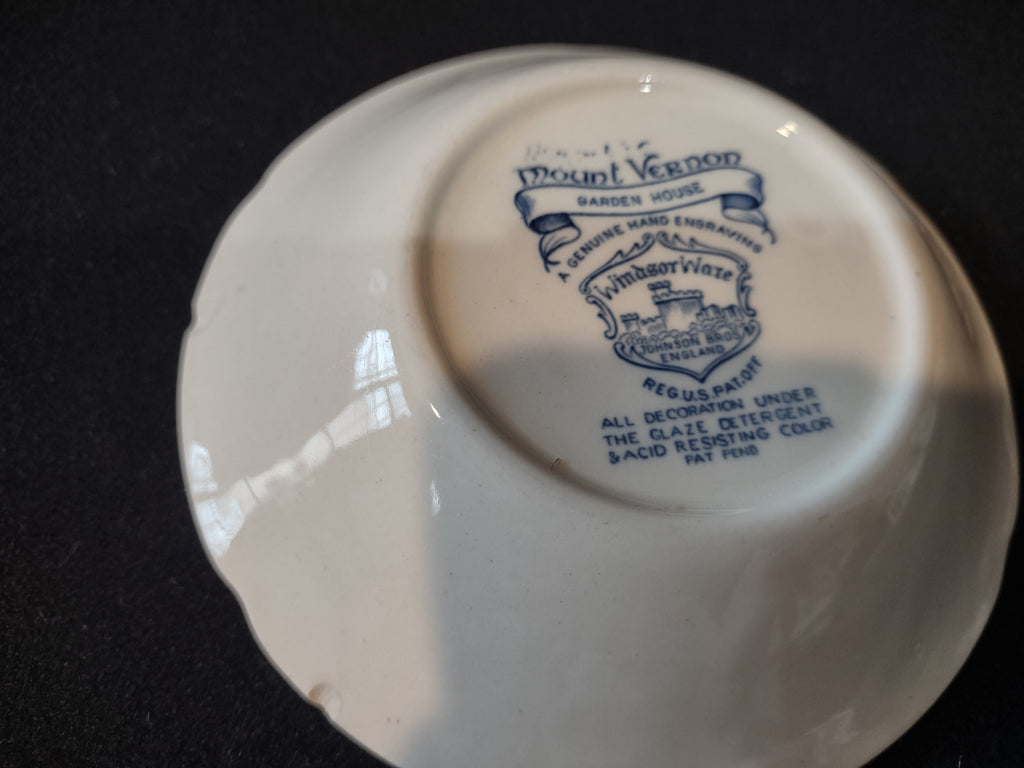 Vintage Johnson Bros Windsor Ware Mount Vernon Garden House Blue Saucer - backstamp