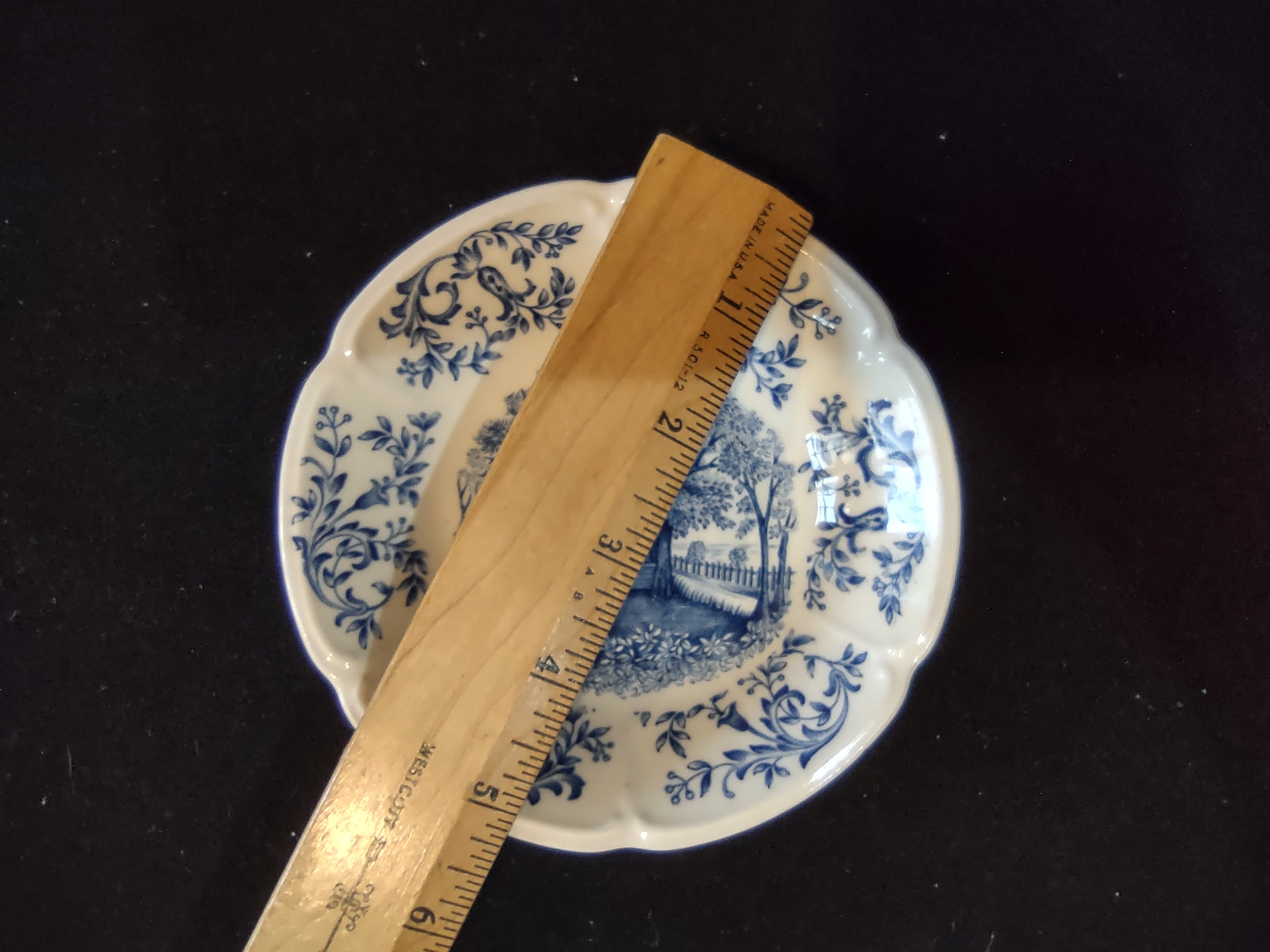 Vintage Johnson Bros Windsor Ware Mount Vernon Garden House Blue Saucer - size reference with ruler