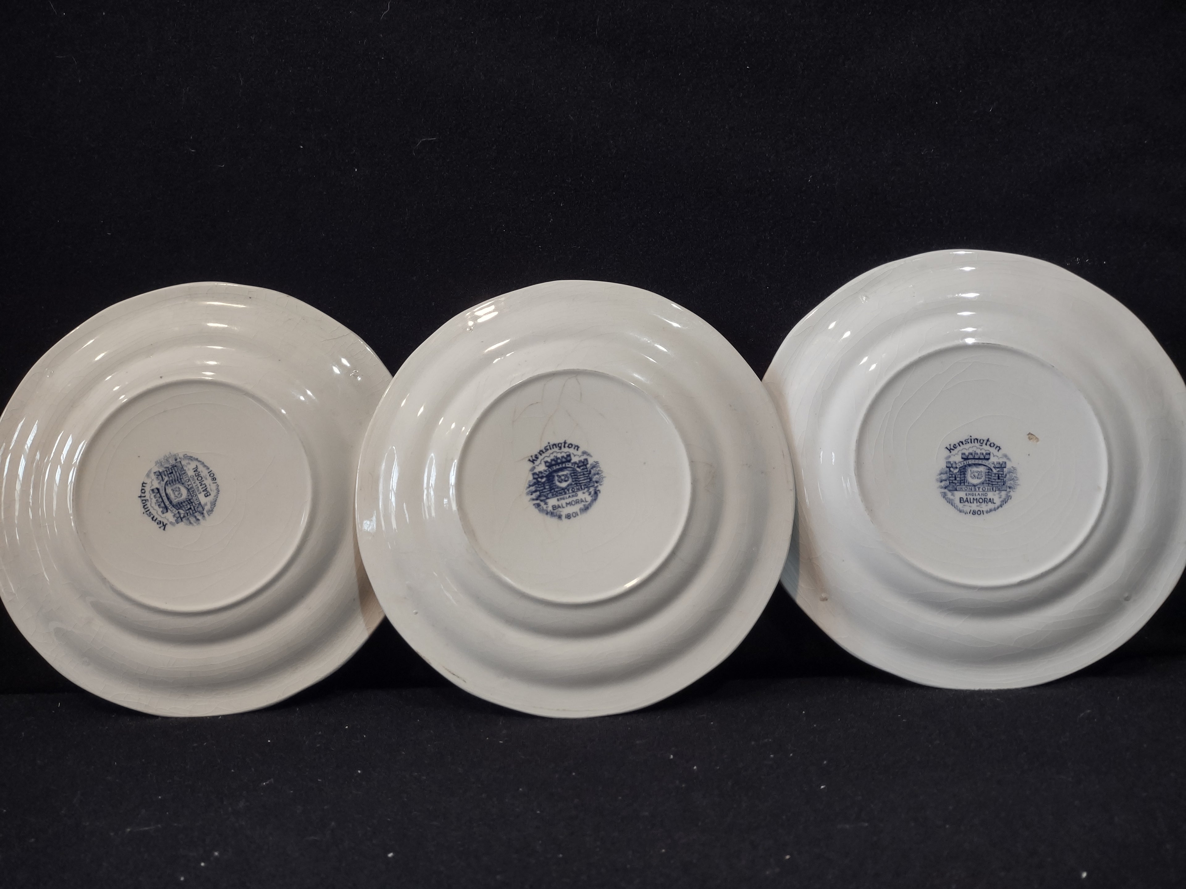 Vintage Kensington Ironstone Balmoral Blue Floral Plate Set of 3 IMPERFECT [7071]