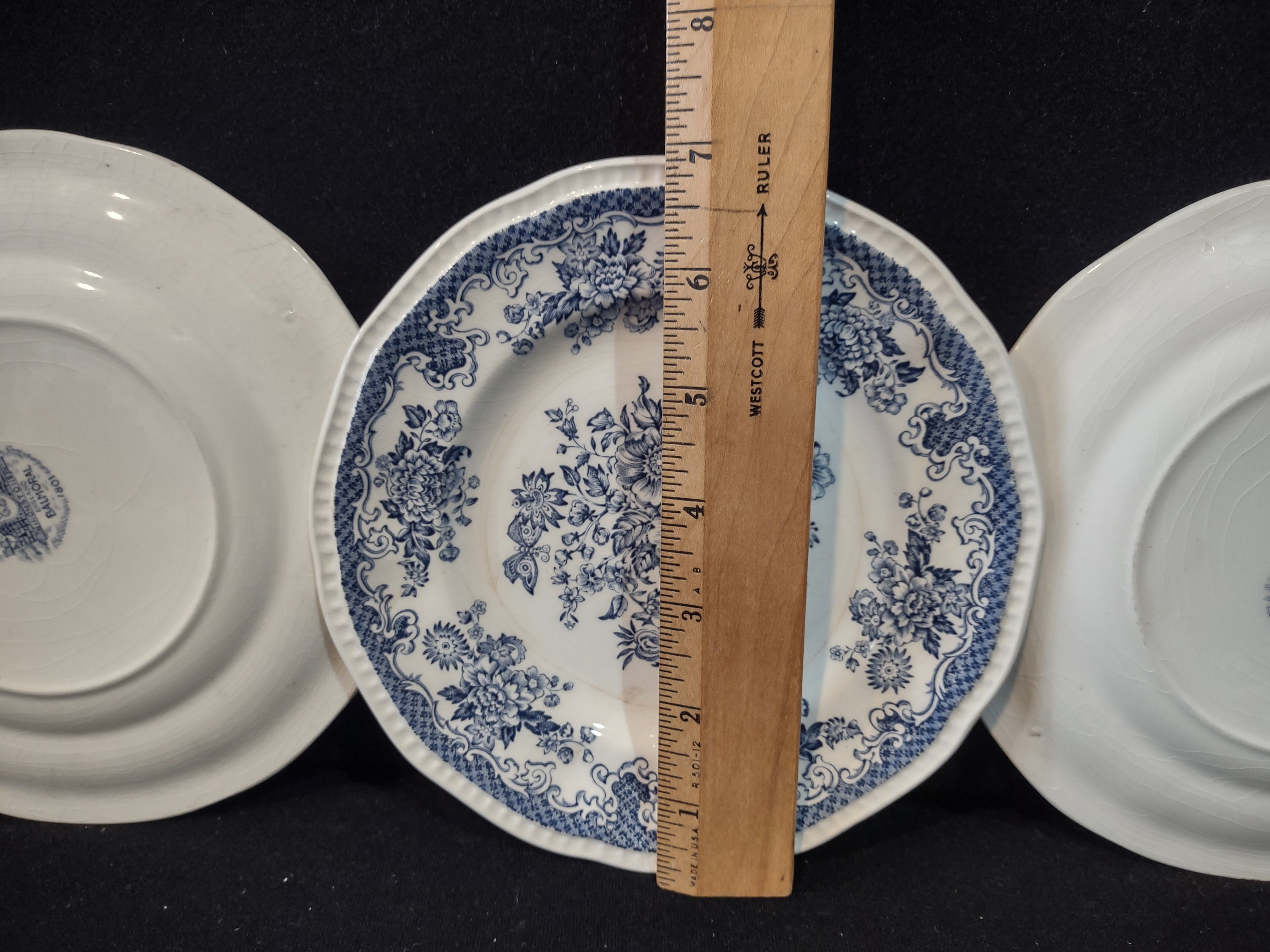 Vintage Kensington Ironstone Balmoral Blue Floral Plate - size reference with ruler approx 7 inches
