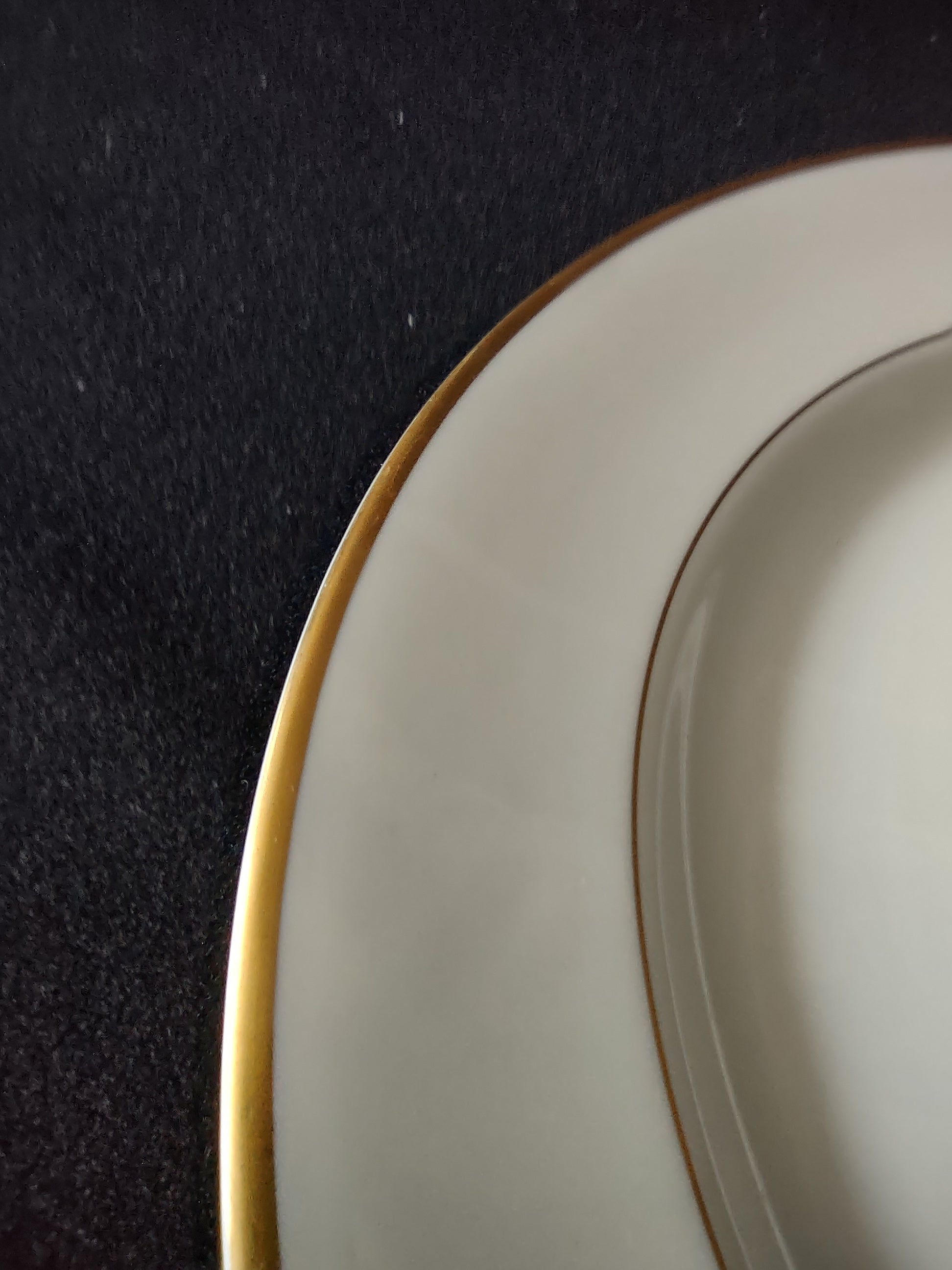 Close-up of gold band rim detail on Syracuse China plate against dark background