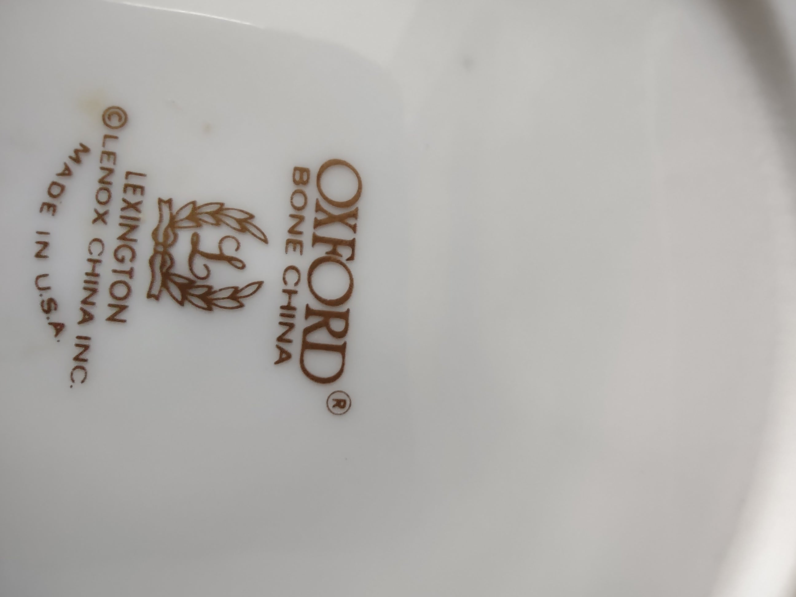 Backstamp showing Oxford Bone China Lexington by Lenox China Inc. Made in USA