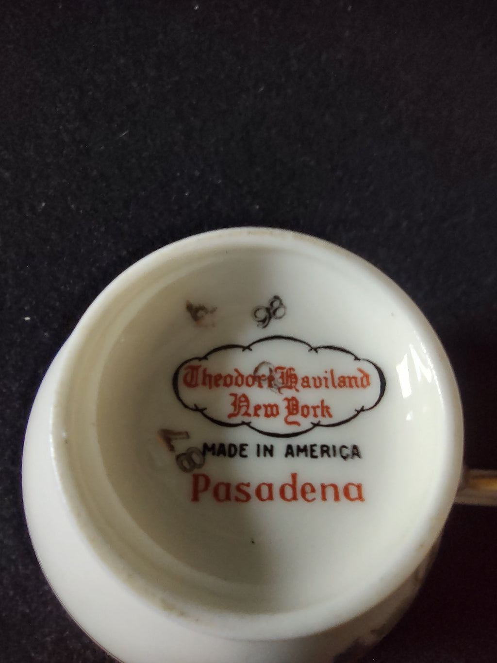 Vintage Theodore Haviland New York Made in America Pasadena backstamp on teacup base