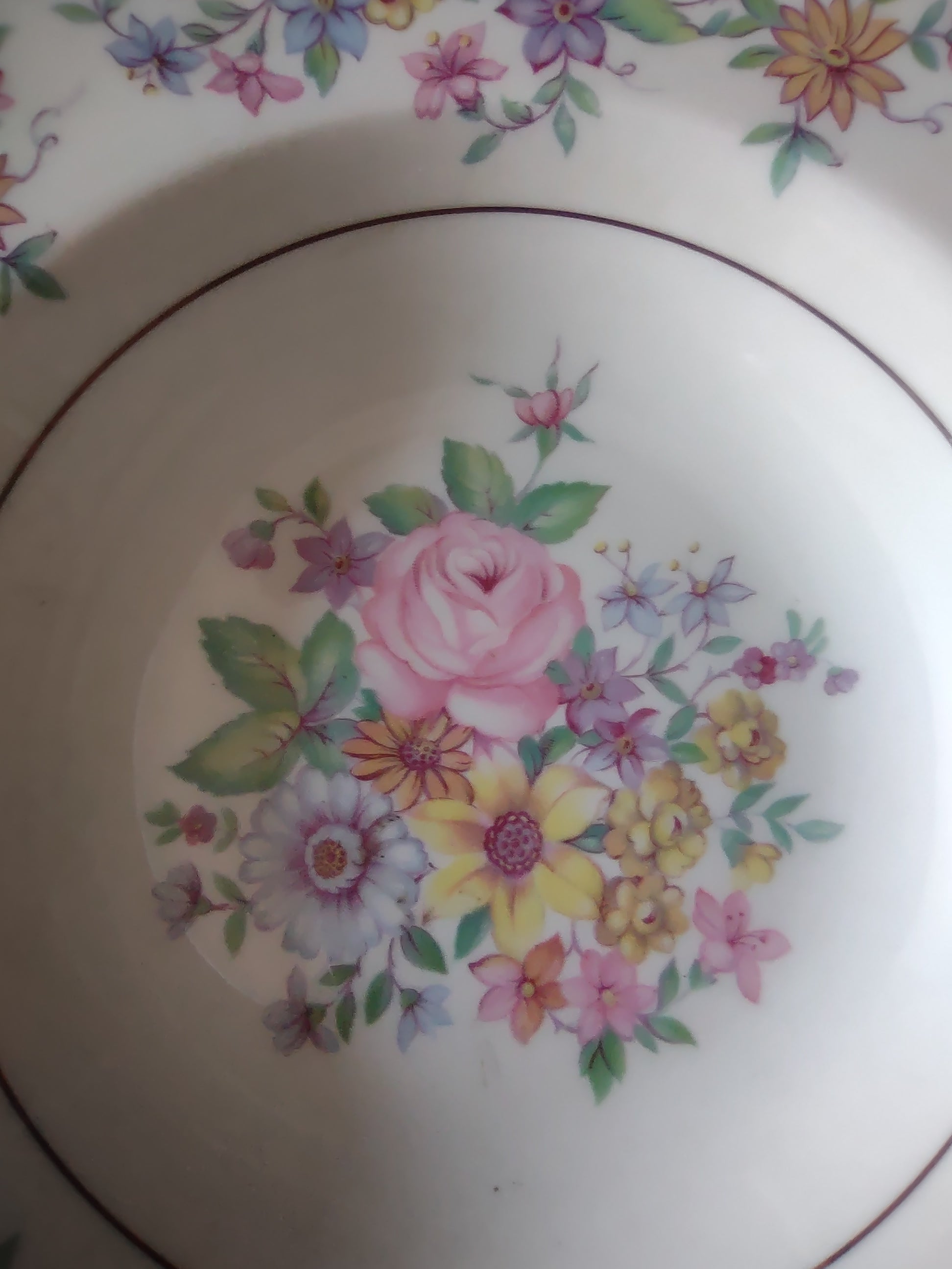 Vintage Theodore Haviland Springtime pink rose floral rimmed soup bowl - center detail