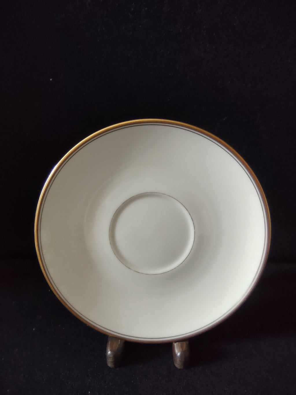 Vintage Franciscan China gold band saucer full top view on display stand