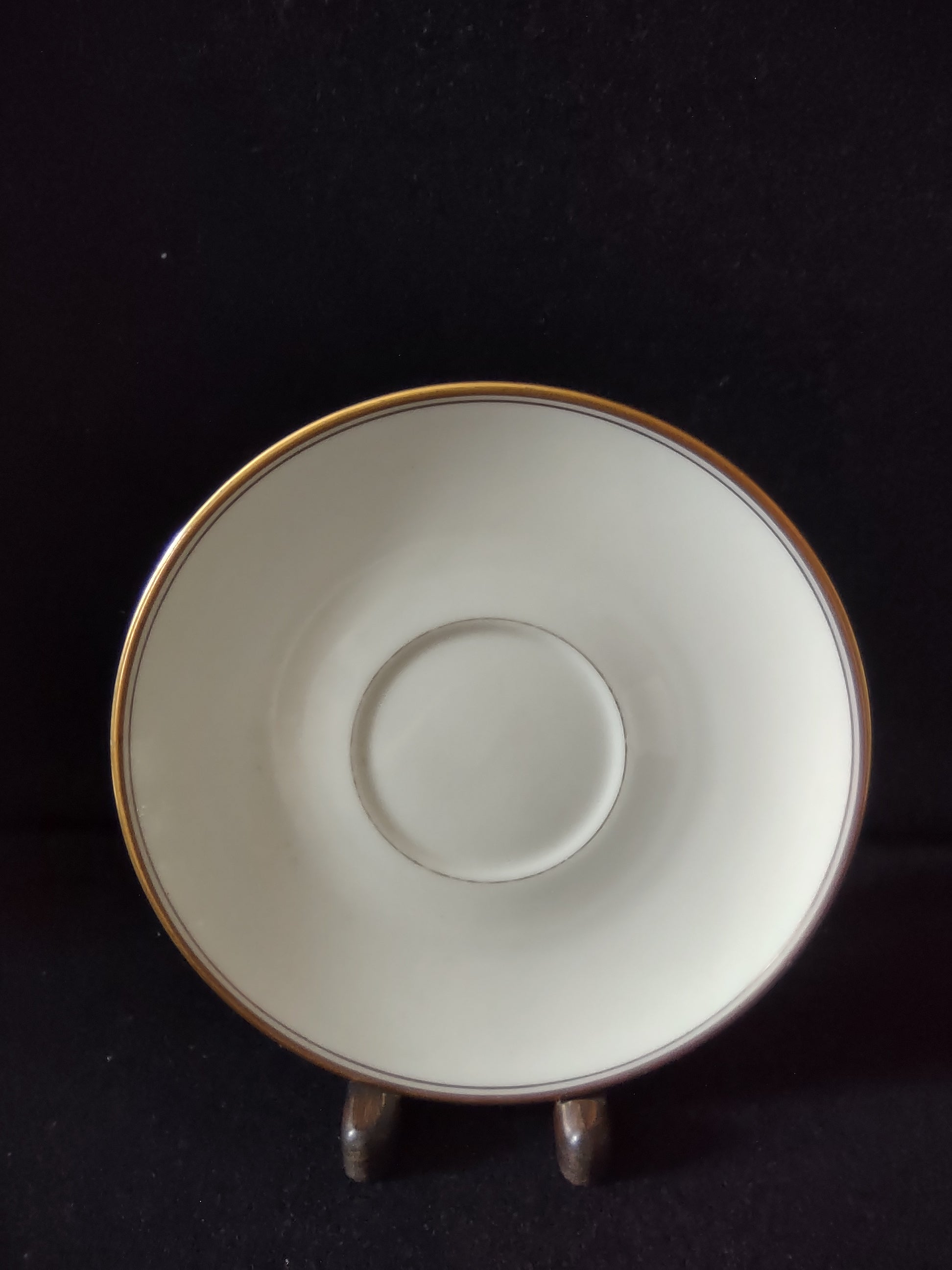 Vintage Franciscan China gold band saucer full top view on display stand