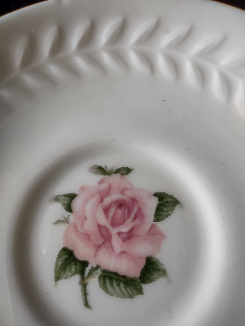 Vintage Theodore Haviland NY Regents Park Rose saucer - full top view showing embossed wheat border and pink rose center