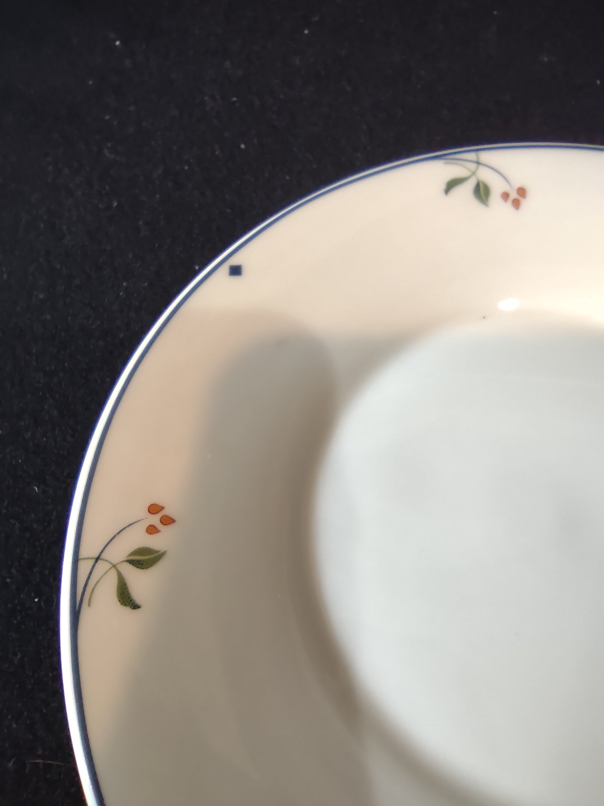Gorham Ariana saucer top view showing botanical sprig and navy banding