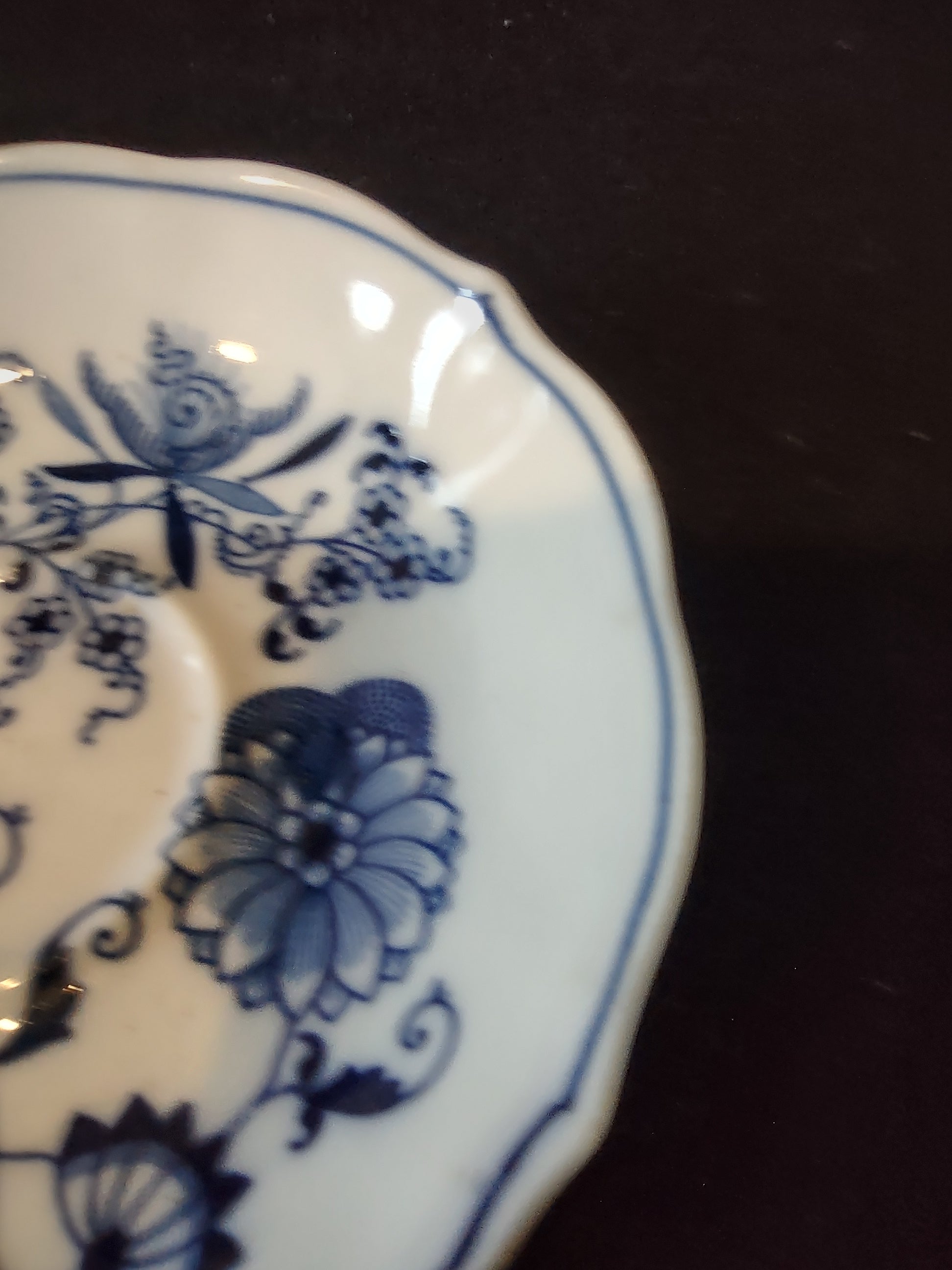 Blue Danube Blue Onion saucer full pattern detail with dragonfly motif