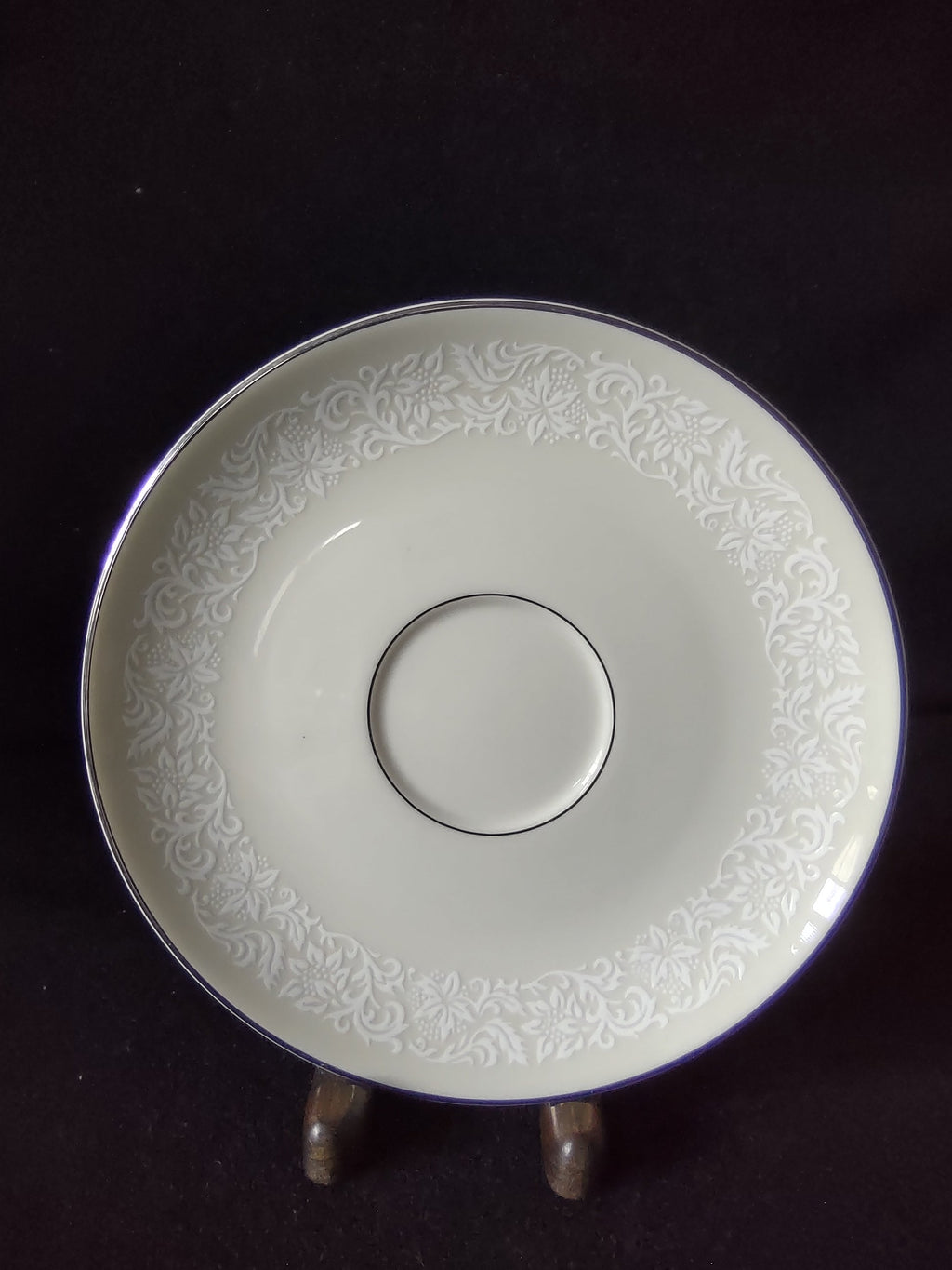 Pickard China Brocade saucer top view showing embossed floral border and platinum rim