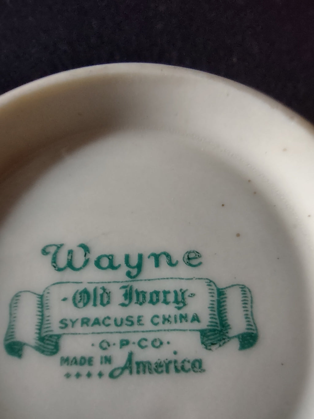 Syracuse China Wayne backstamp - Old Ivory O.P.Co. Made in America