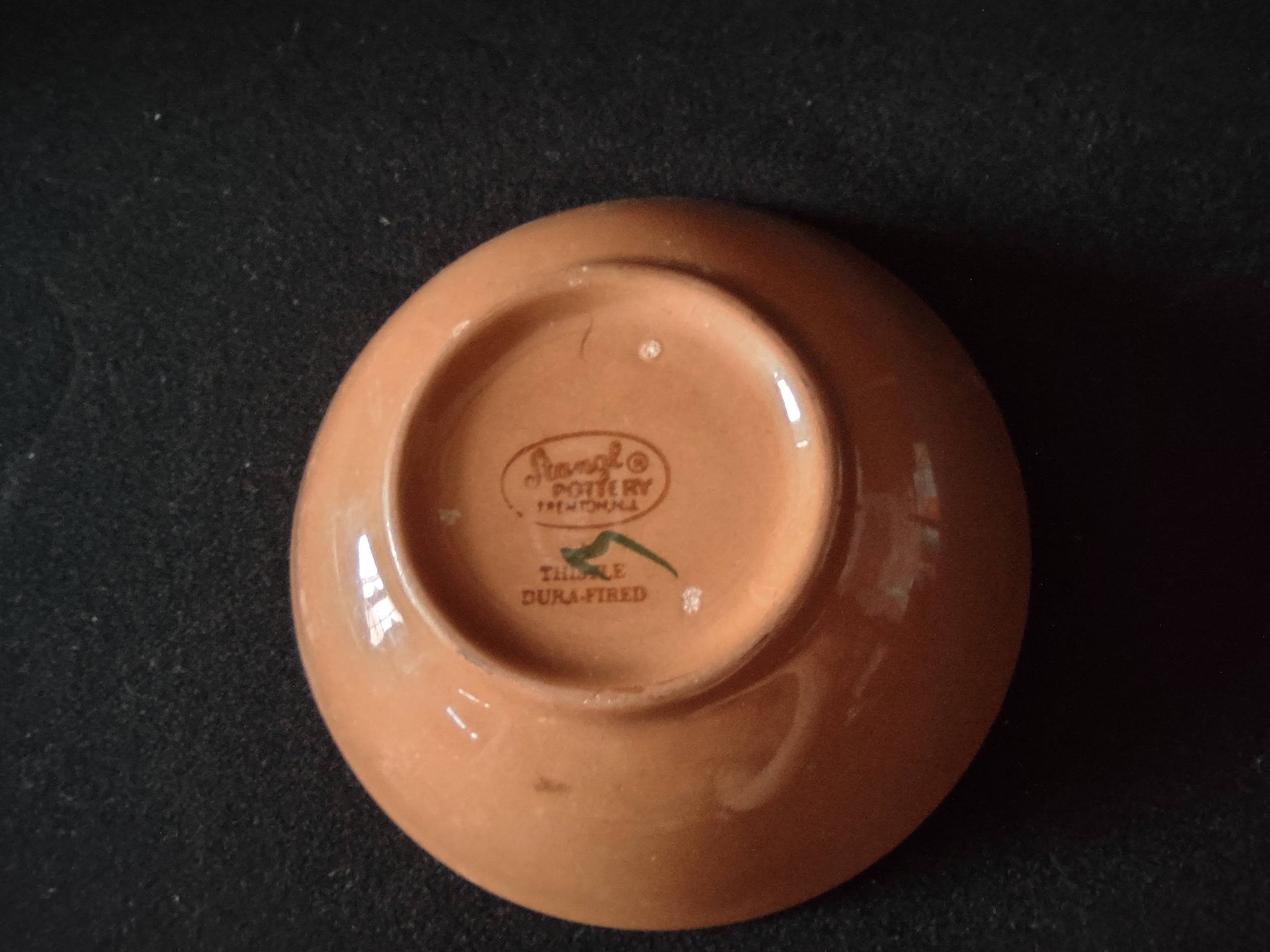 Stangl Pottery Thistle fruit bowl green glaze detail showing wear