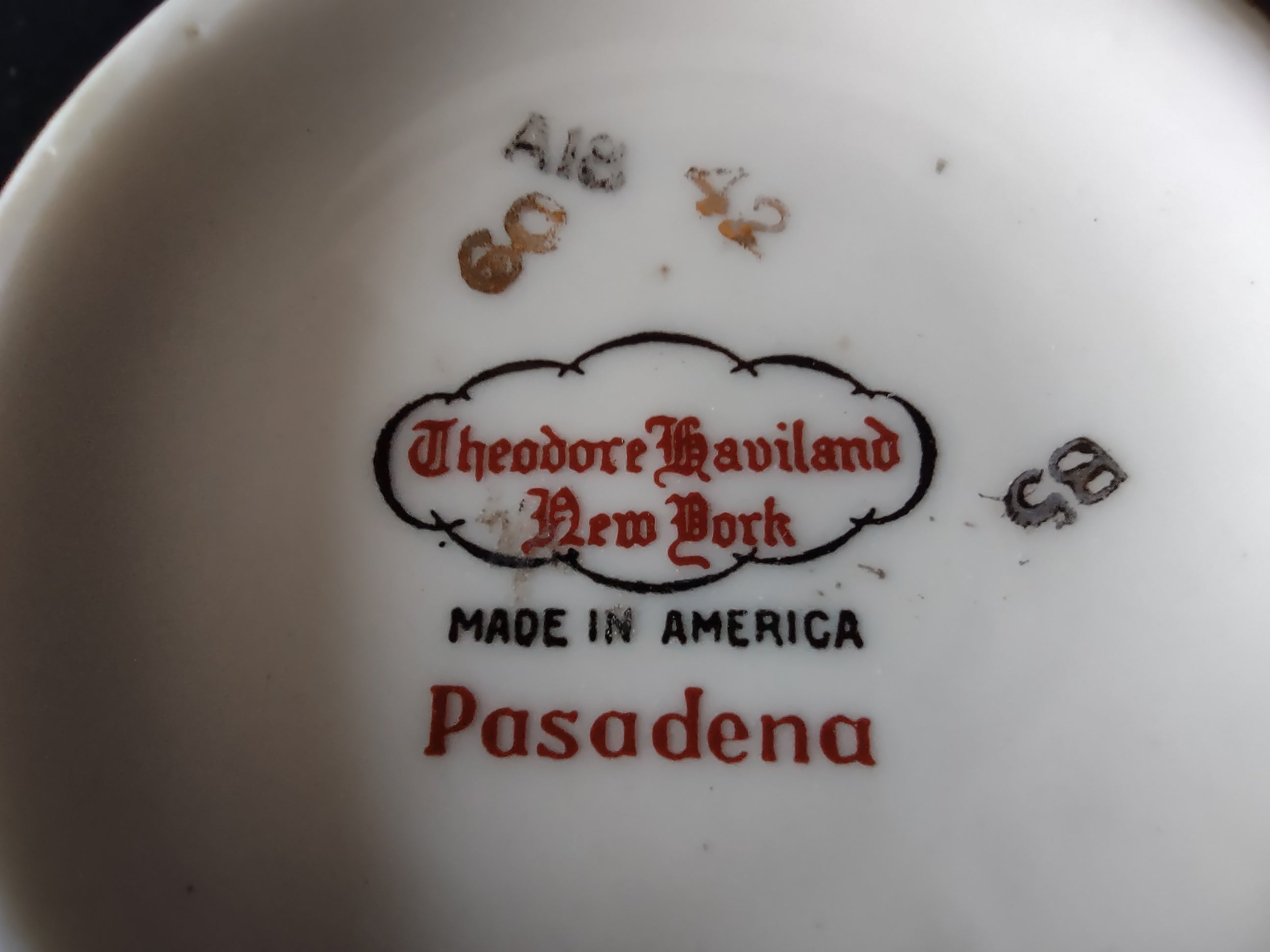 Theodore Haviland Pasadena creamer bottom view showing backstamp