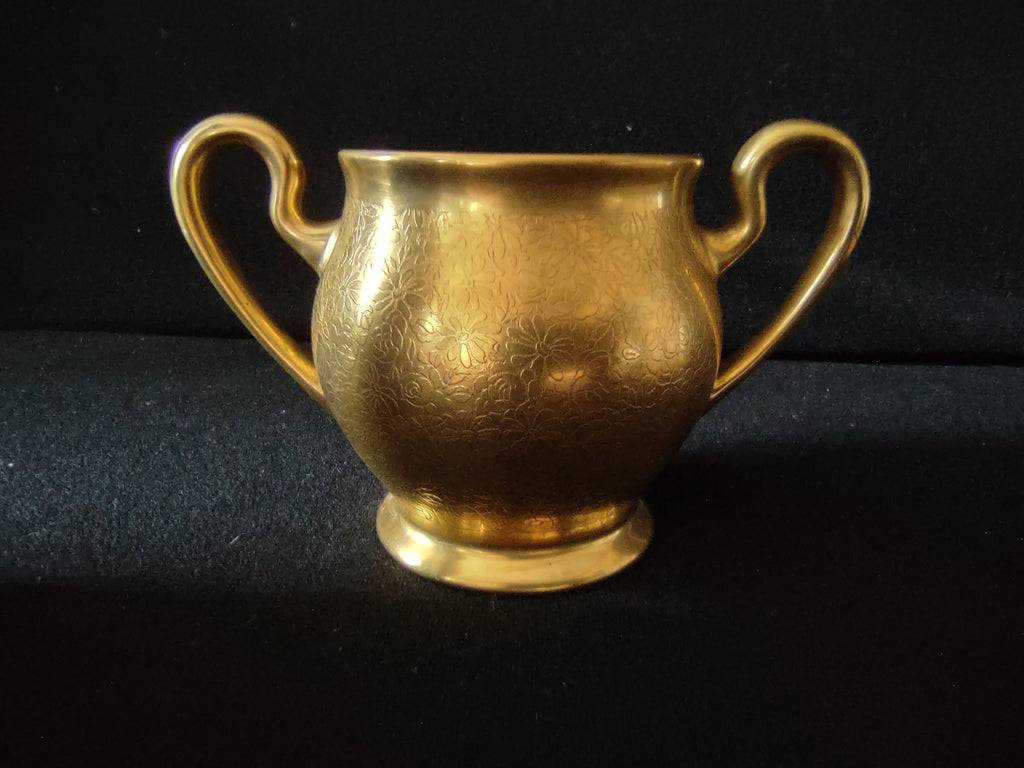 Pickard China gold encrusted sugar bowl front view with ruler showing approx 4 inches tall