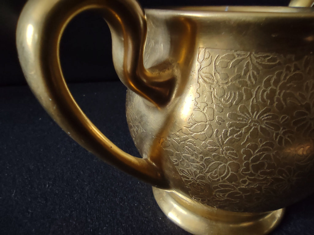 Pickard China gold encrusted sugar bowl handle detail showing etched floral pattern