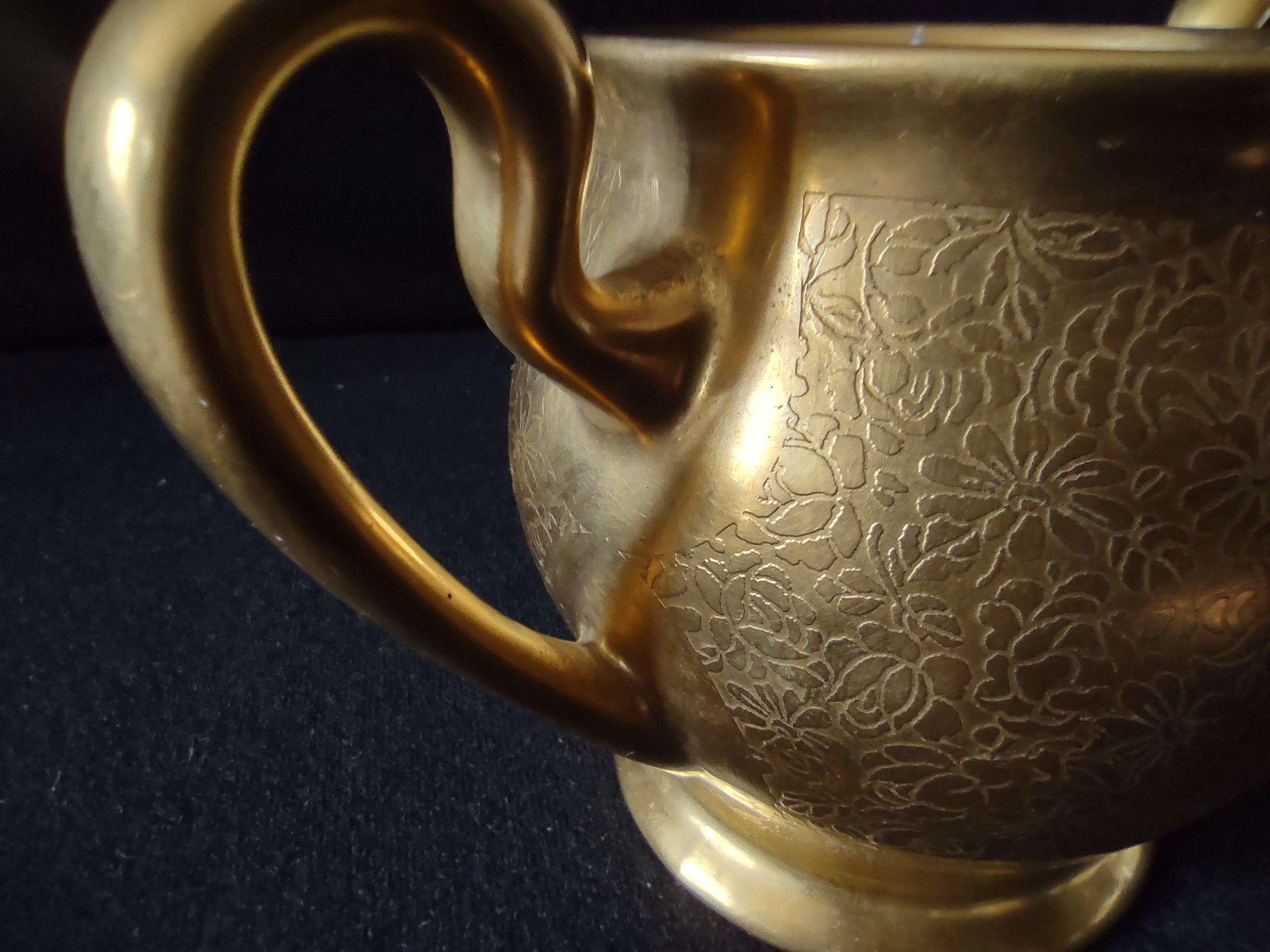 Pickard China gold encrusted sugar bowl handle detail showing etched floral pattern