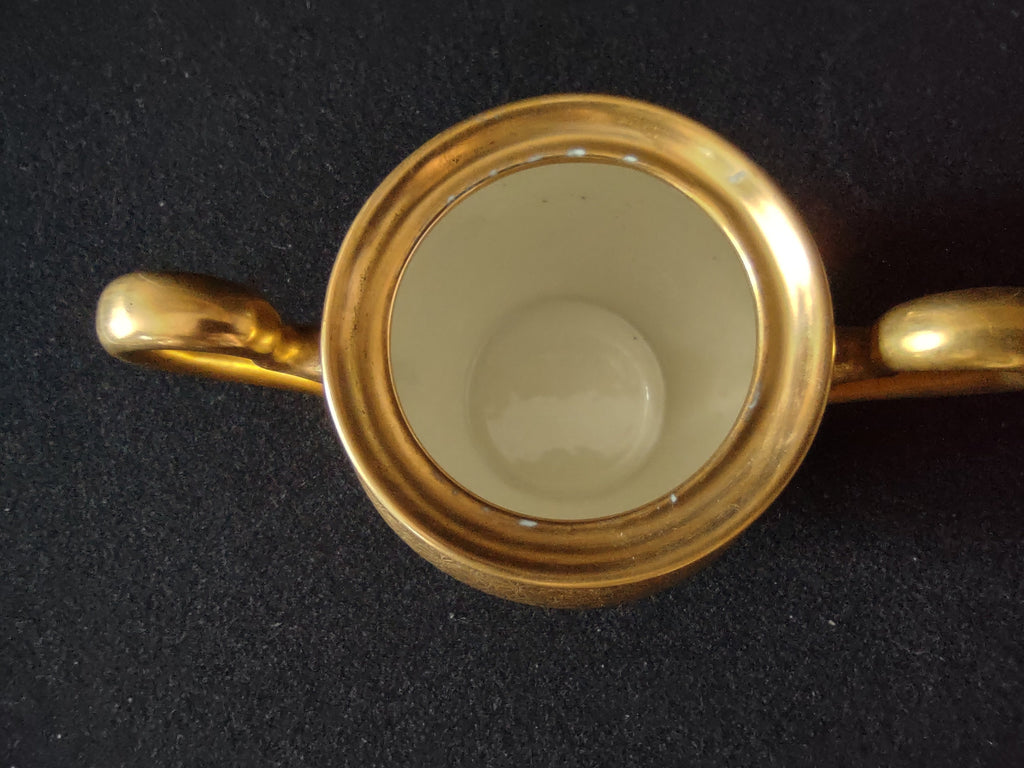 Pickard China gold encrusted sugar bowl top view showing cream interior with gold rim