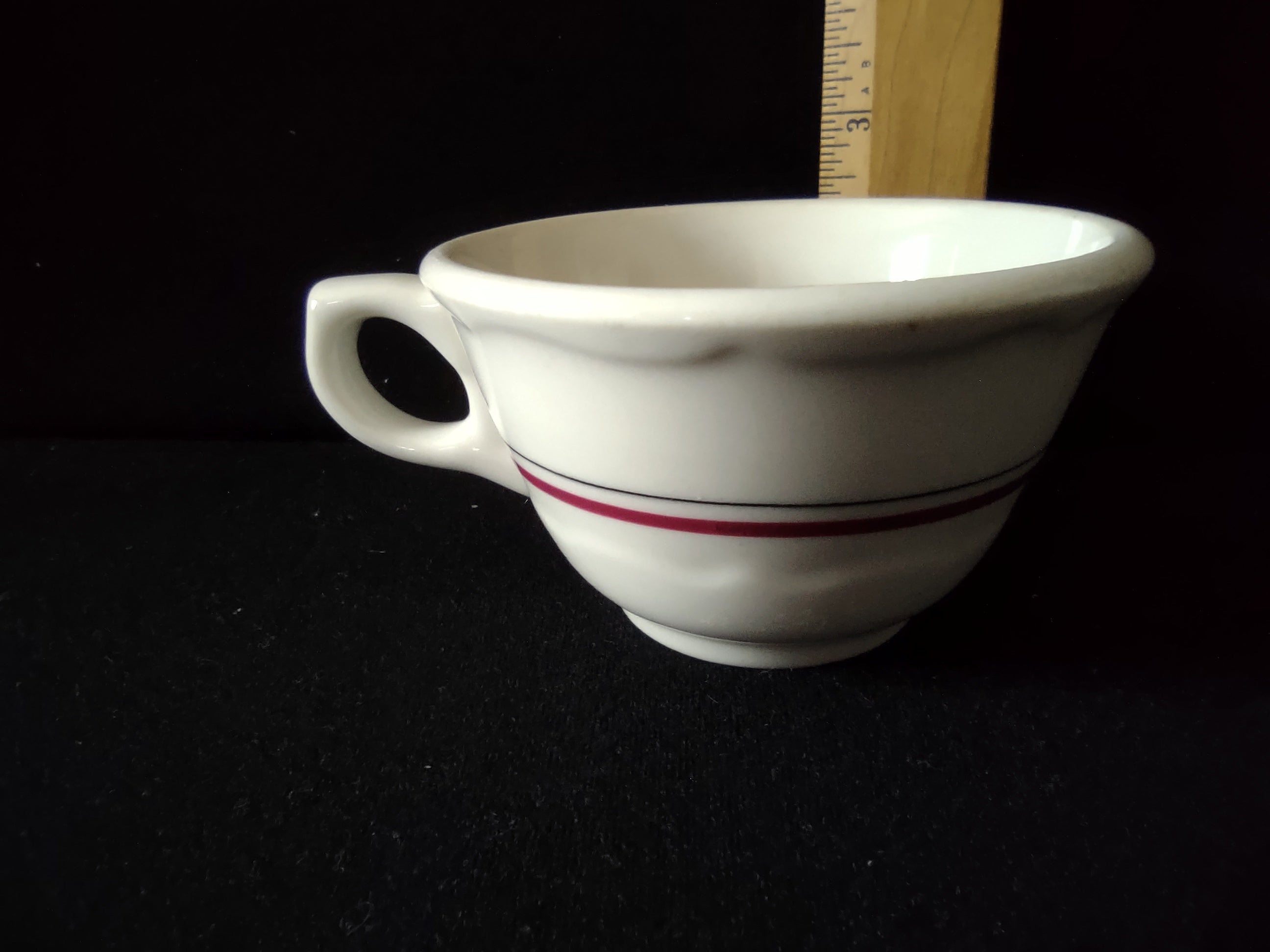 Syracuse China 95-J diner cup side view with ruler showing approx 2.5 inches tall