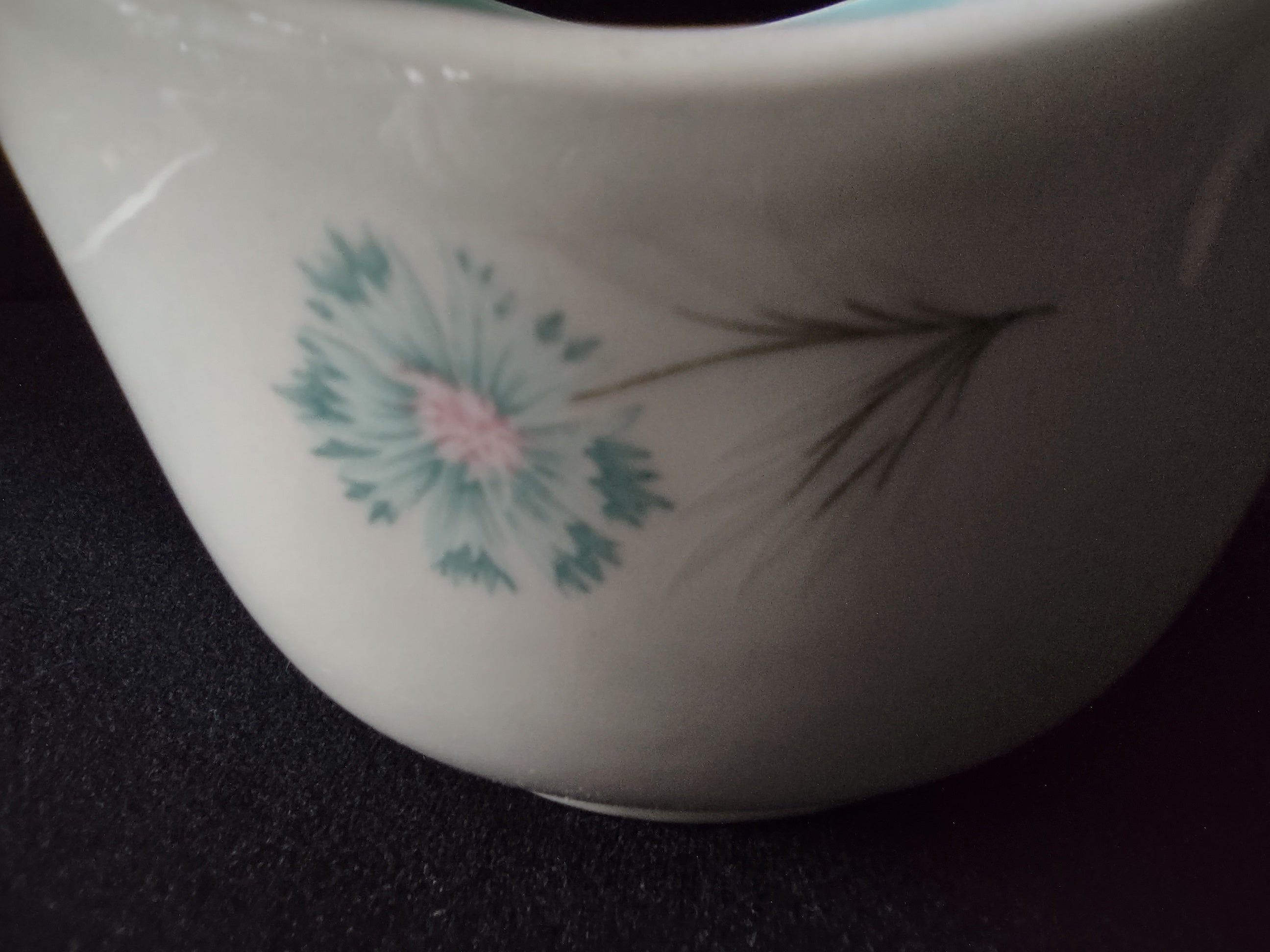 Vintage TST Boutonniere gravy boat top view showing turquoise interior