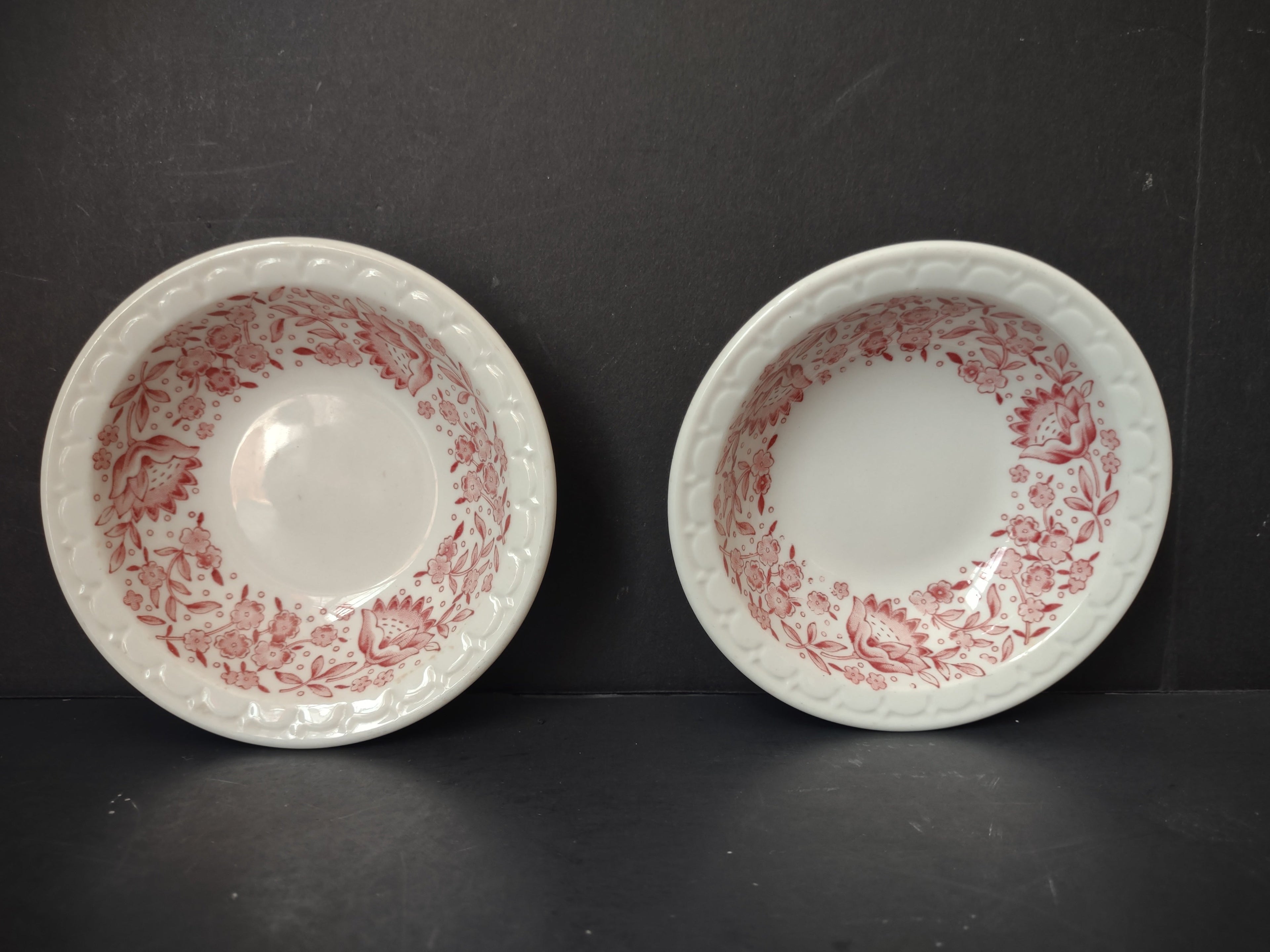 Vintage Syracuse China pink floral transferware berry bowls set of 2 top view