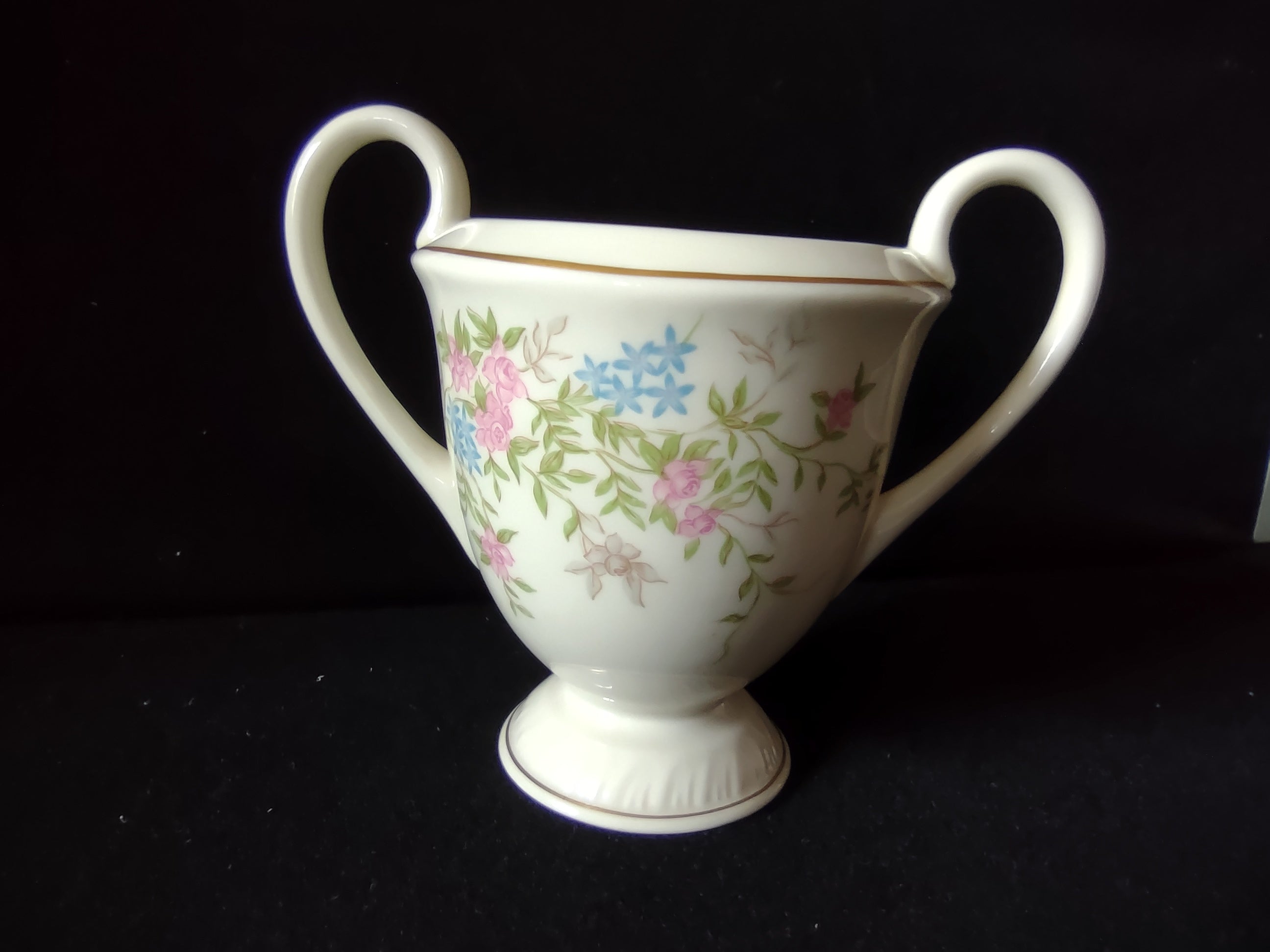 Vintage floral open sugar bowl top view showing interior