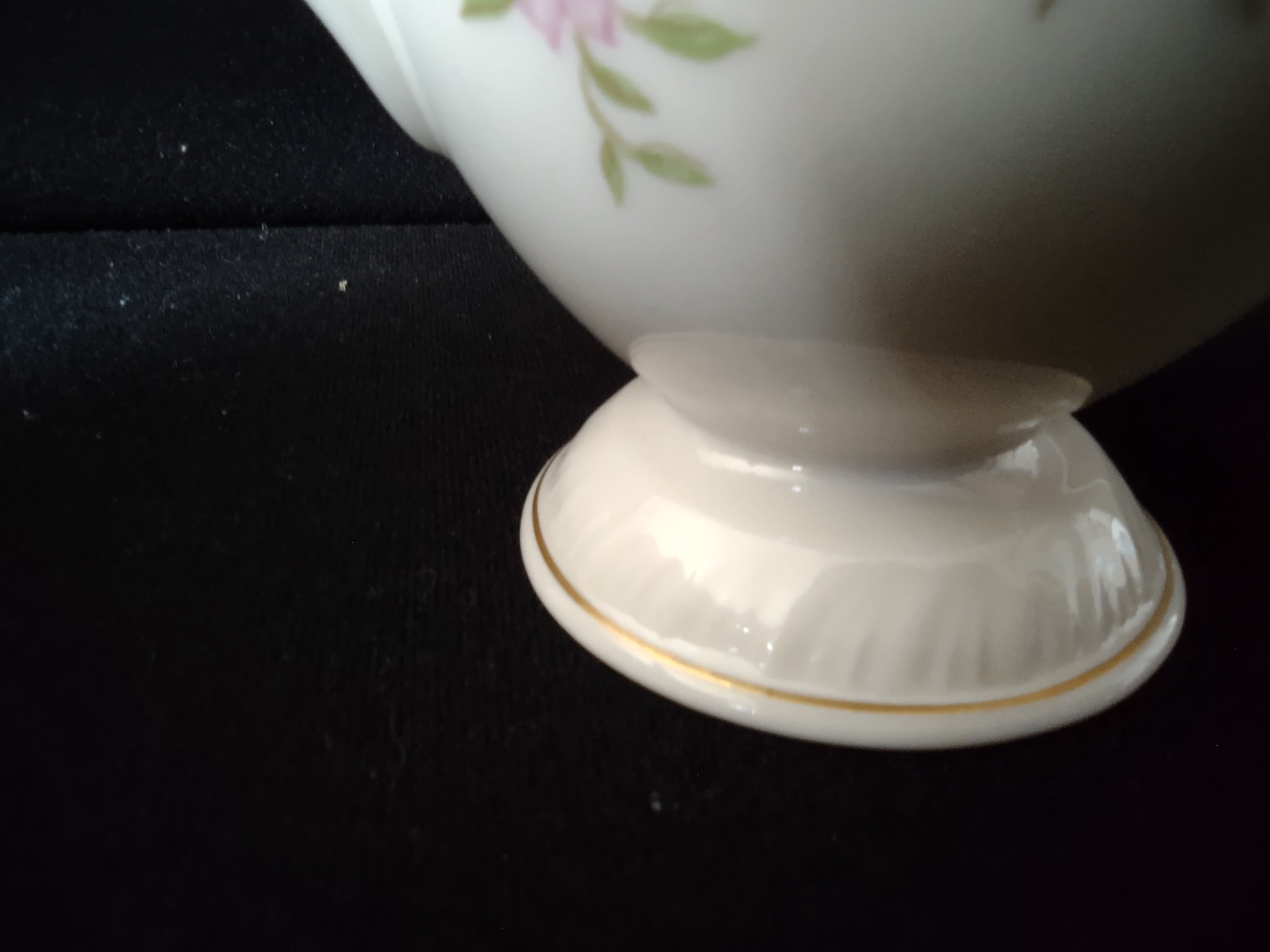 Vintage floral open sugar bowl opposite side view