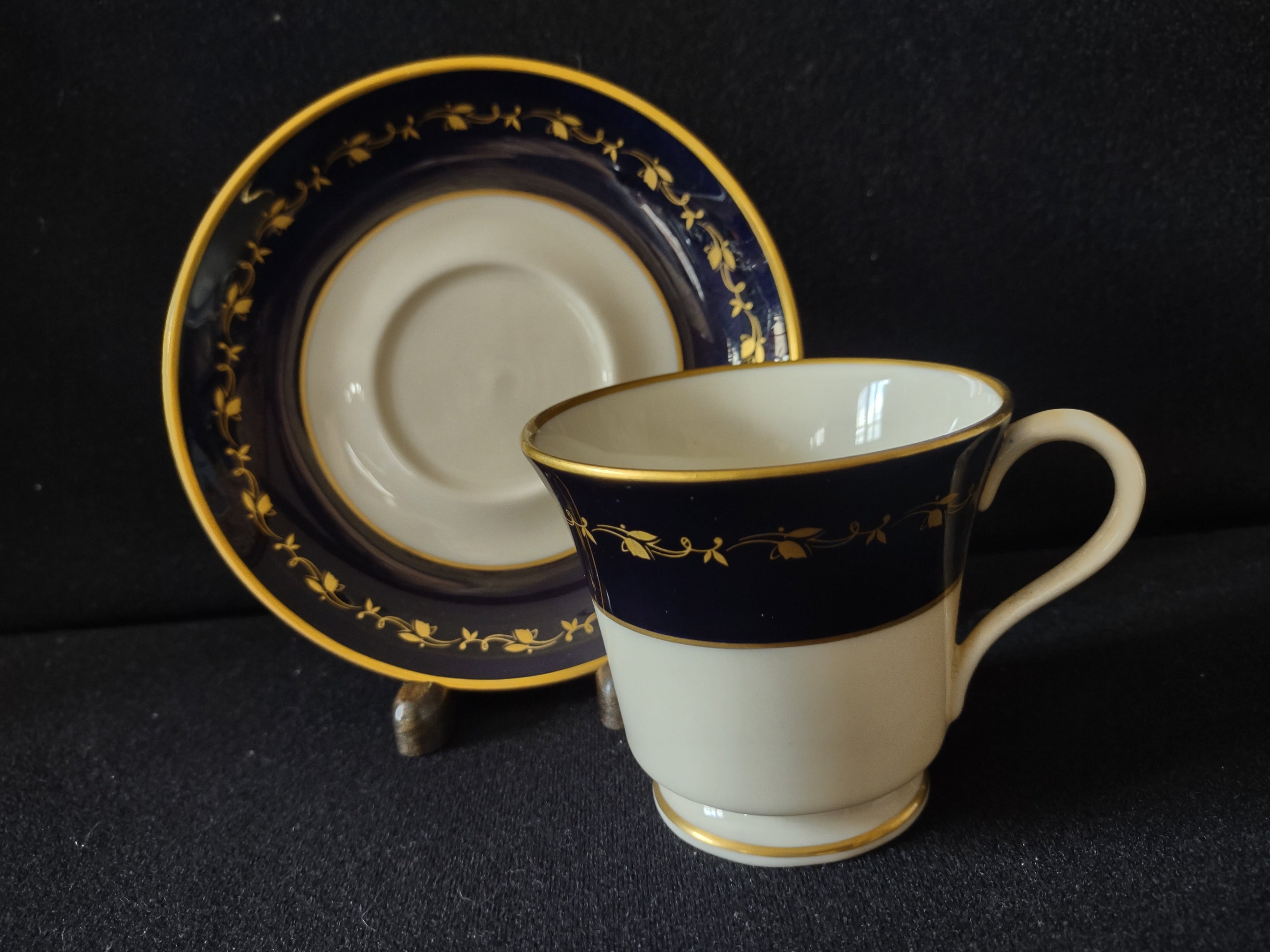 Vintage Durham Fine China Cobalt Blue & Gold Cup & Saucer Set - front view