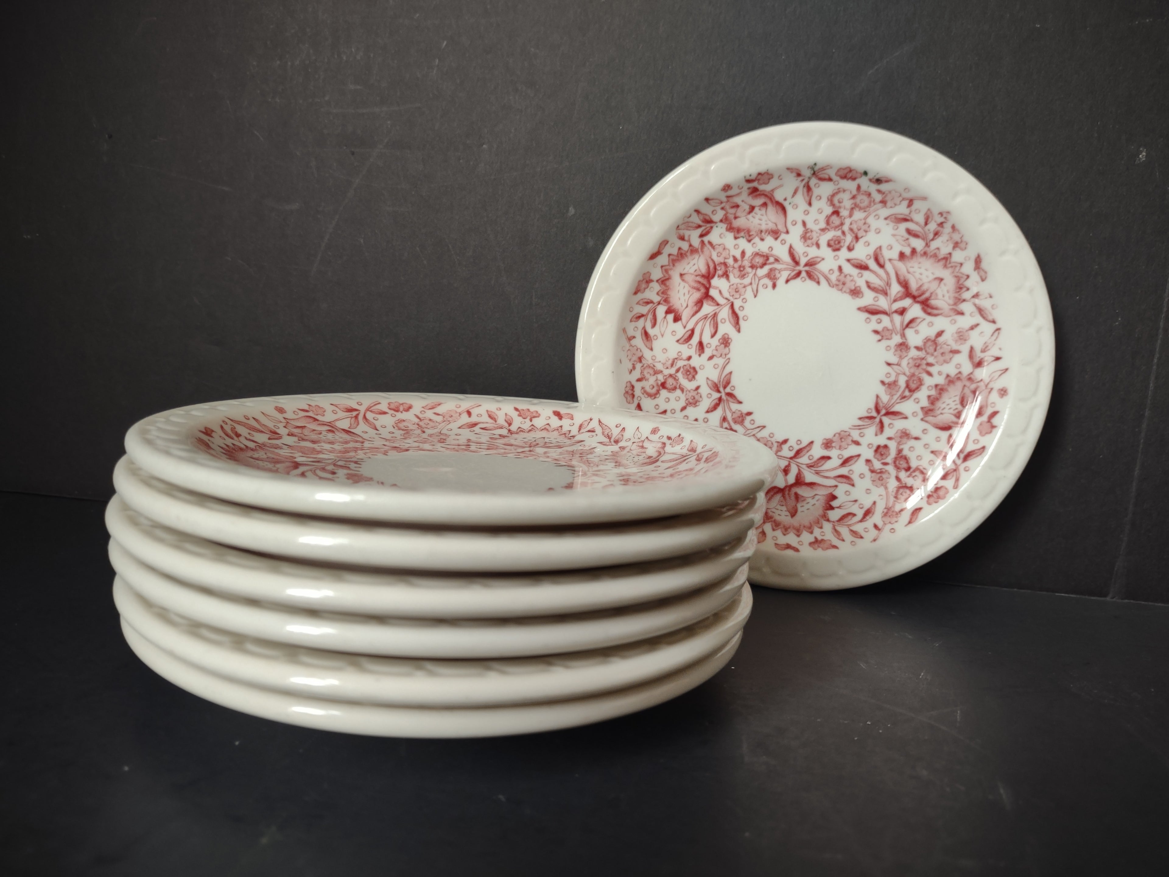 Vintage Syracuse China Pink Floral Transferware Small Plate Set of 7 [7144]